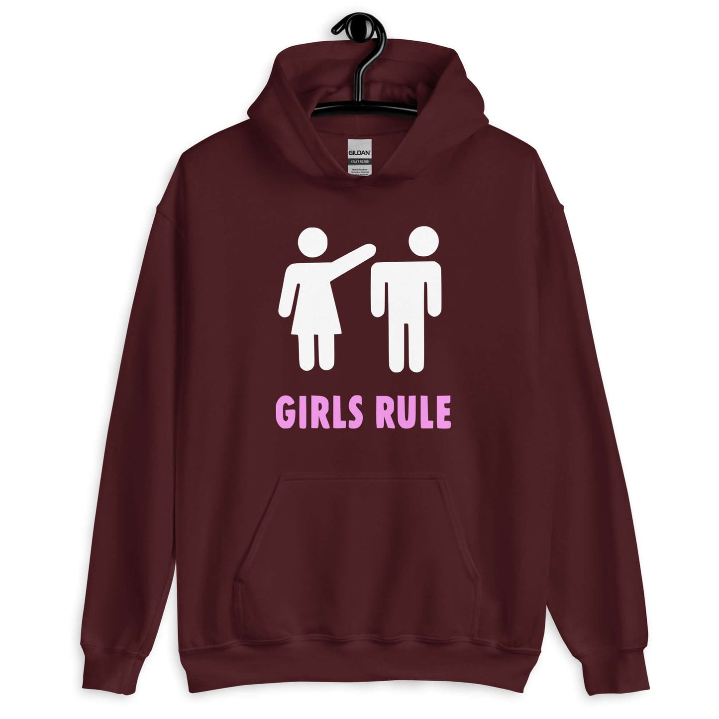 Maroon hoodie sweatshirt. The sweatshirt has an image of a stick figure man and woman. The woman is punching the mans head off and the words Girls rule is printed beneath in hot pink. The graphics are printed on the front of the hoodie.