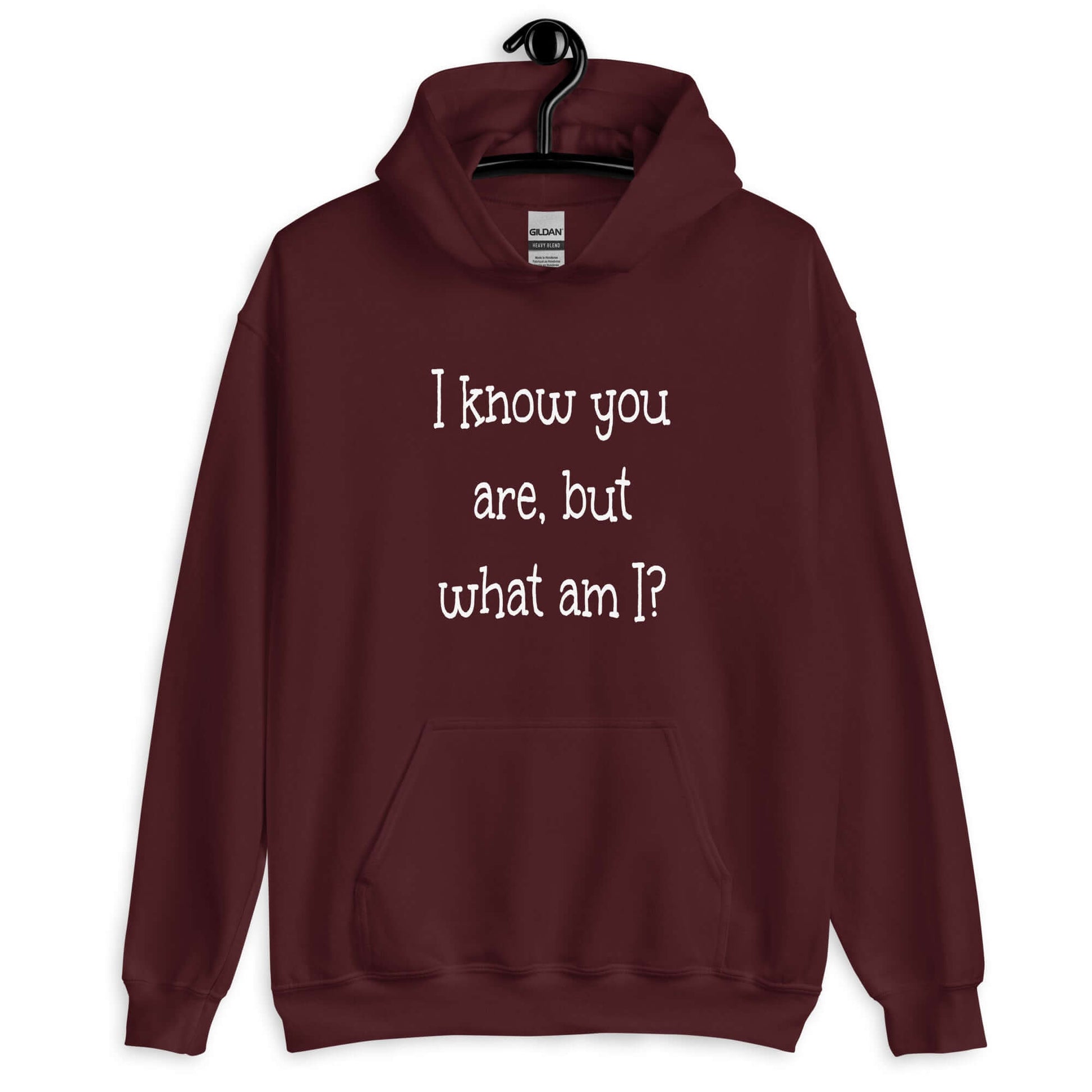 Maroon hoodie sweatshirt with the childish phrase I know you are but what am I with a question mark printed on the front.