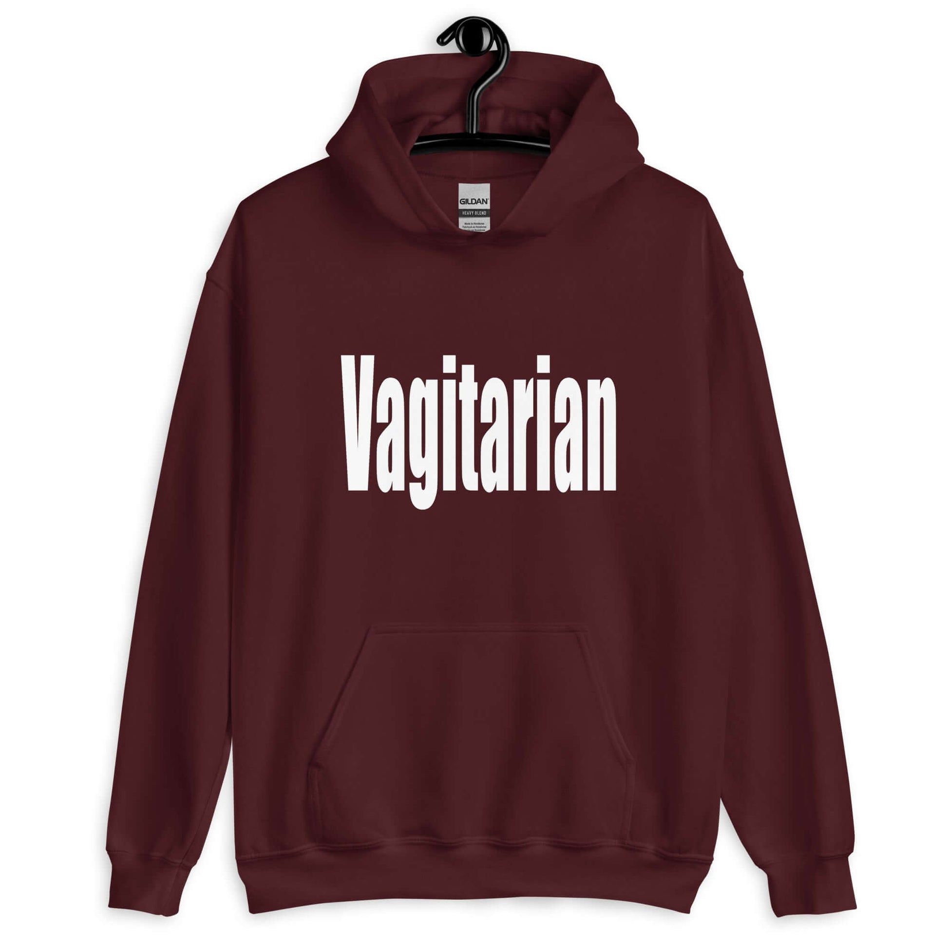 Maroon hoodie sweatshirt with the word Vagitarian printed on the front.