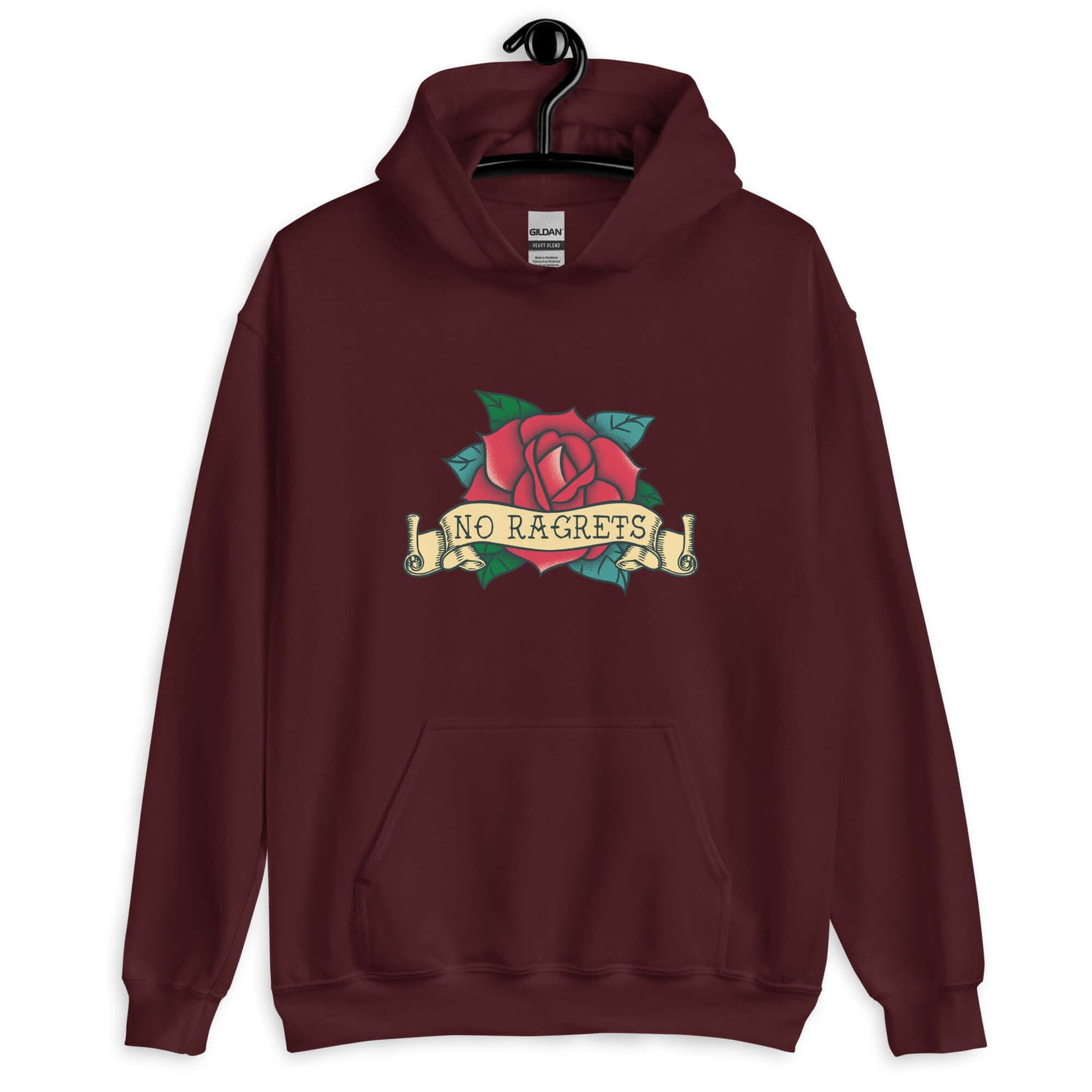 Maroon hoodie sweatshirt with funny image of an old school rose flash tattoo with the words no ragrets intentionally misspelled.