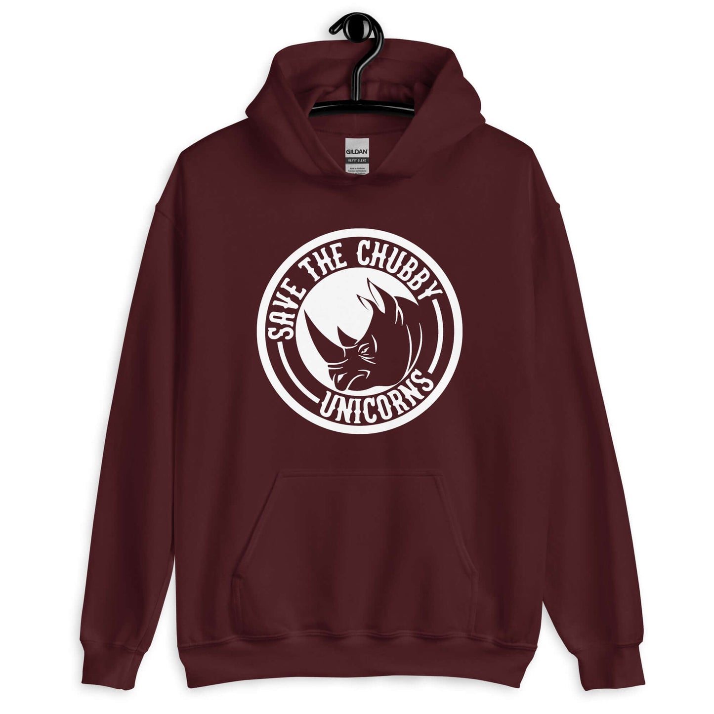 Maroon hoodie sweatshirt with a funny graphic of a rhinoceros & the words Save the chubby unicorns printed on the front.