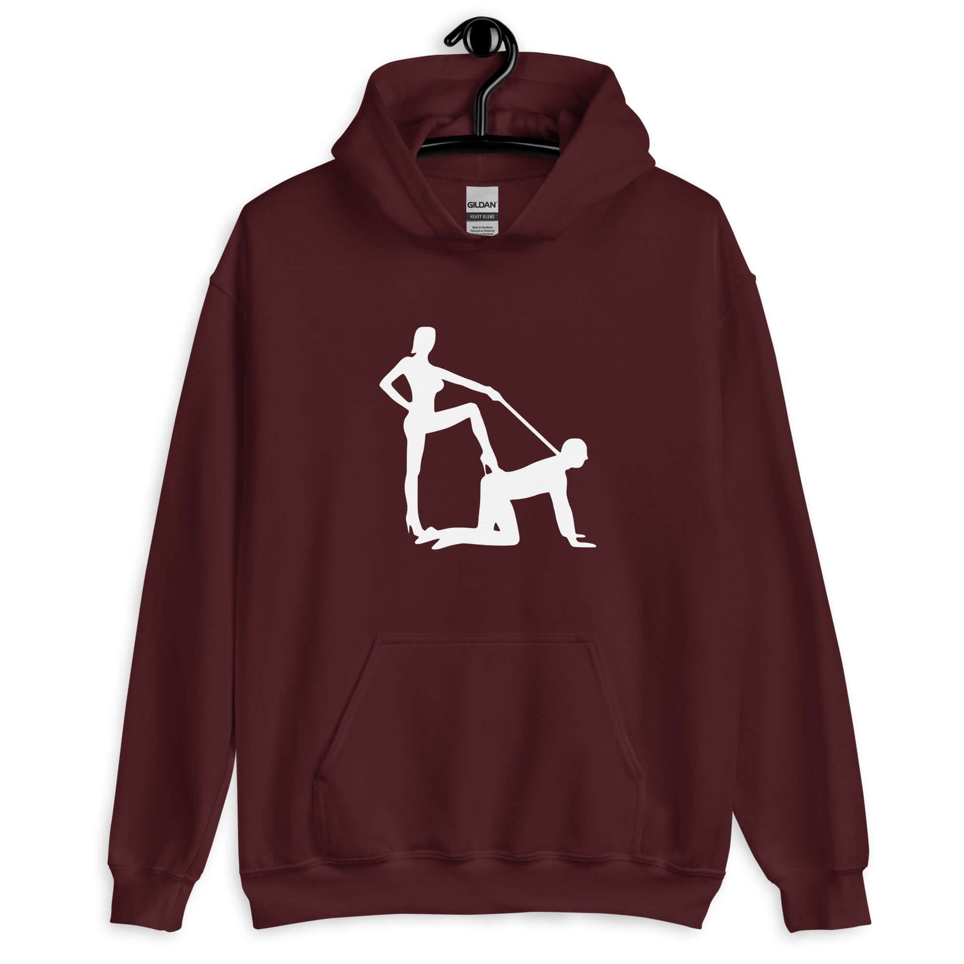 Maroon hoodie sweatshirt with silhouette image of a man on his hands and knees and a dominatrix holding his leash printed on the front.