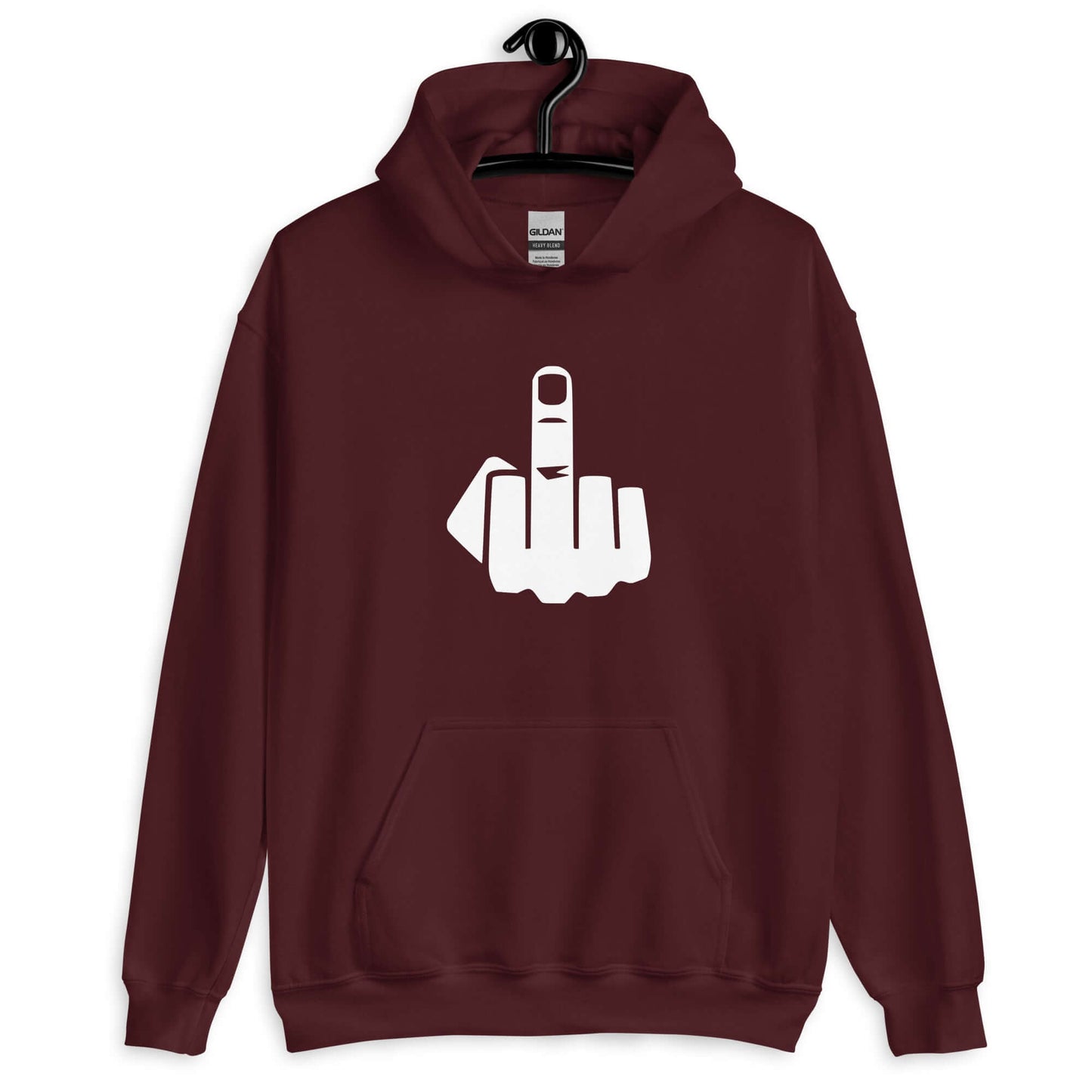 Maroon hoodie sweatshirt with an image of middle finger silhouette printed on the front.