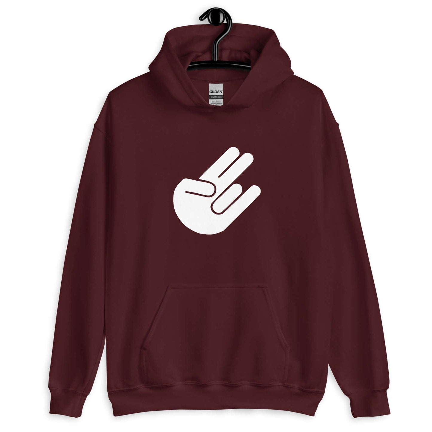 Maroon hoodie sweatshirt with the universal hand symbol for The Shocker printed on the front.