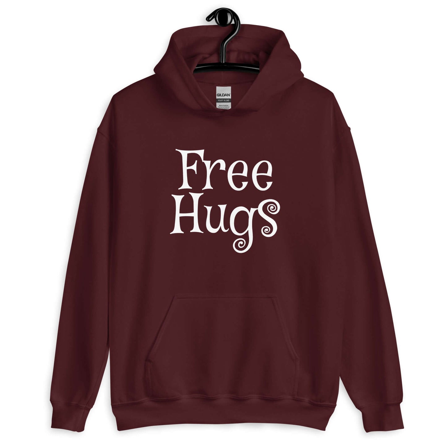 Maroon hoodie sweatshirt with the words Free Hugs printed on the front.