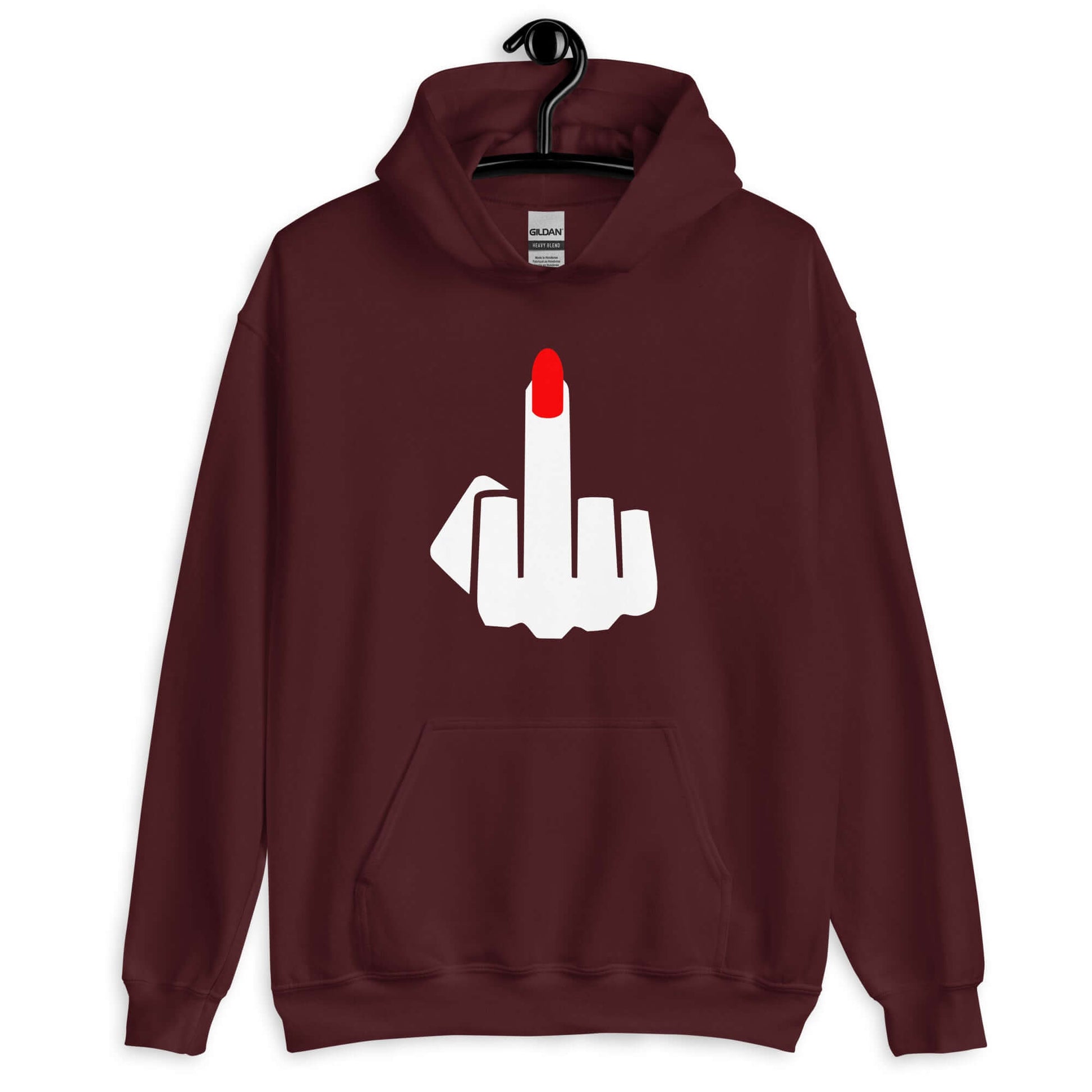 Maroon hoodie sweatshirt with an image of a middle finger with long red fingernail silhouette printed on the front.