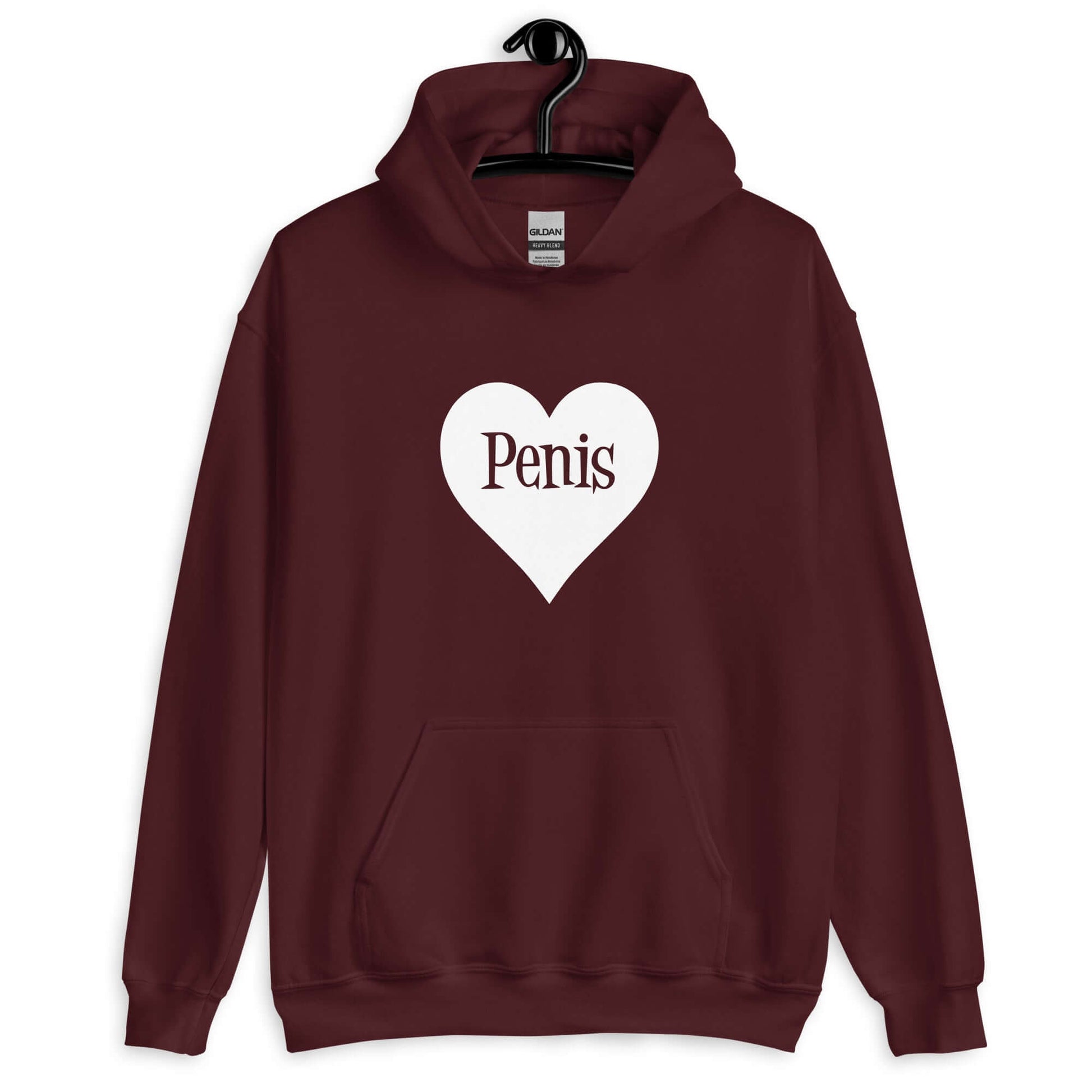 Maroon hoodie sweatshirt with a heart image printed on the front. The word penis is inside the heart