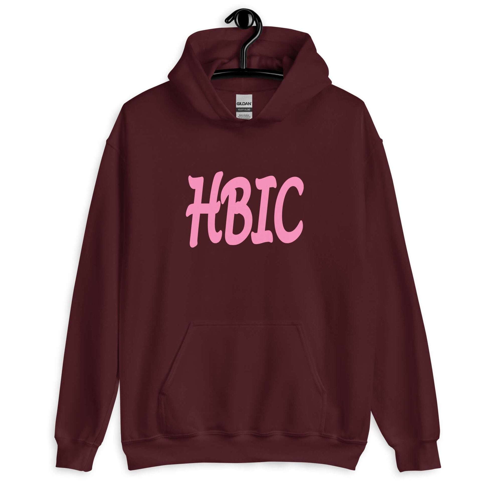 Maroon hoodie sweatshirt with the acronym HBIC printed on the front in pink text.