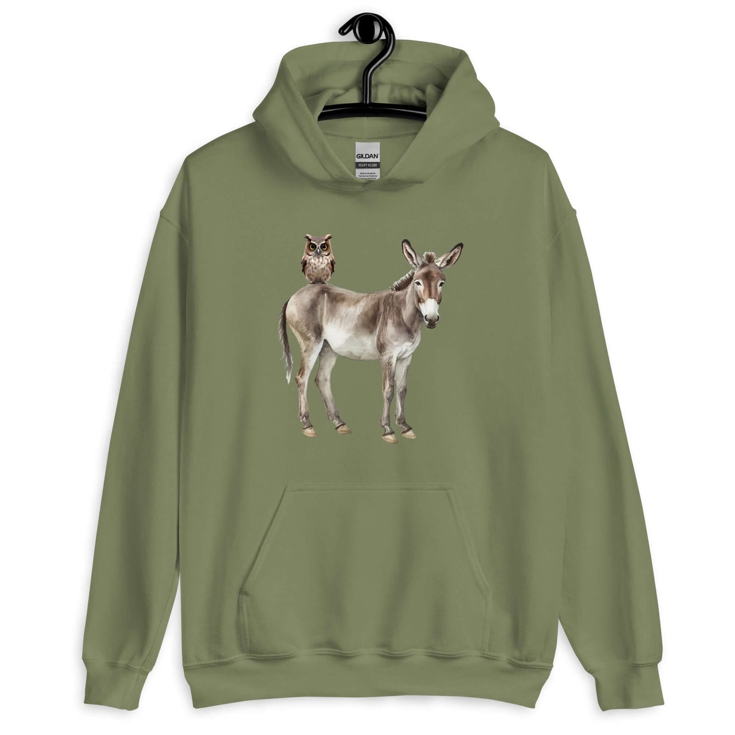 Military green hoodie sweatshirt with image of a donkey with wise owl sitting on it. The graphic is printed on the front of the hoodie.