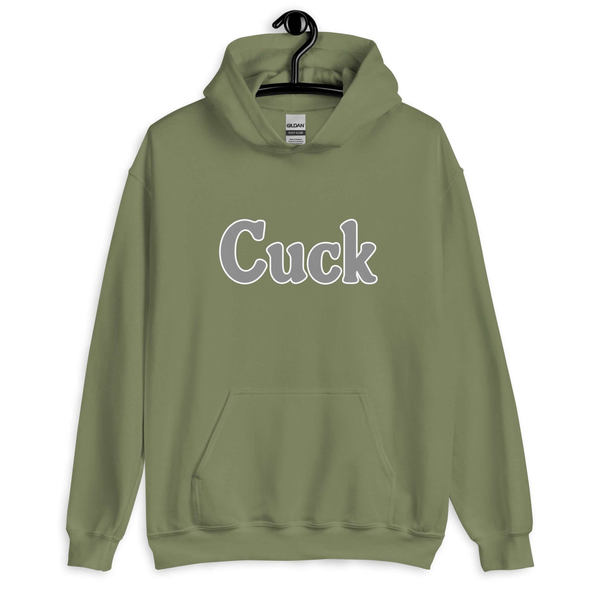 Military green hoodie sweatshirt with the word Cuck printed on the front in grey.