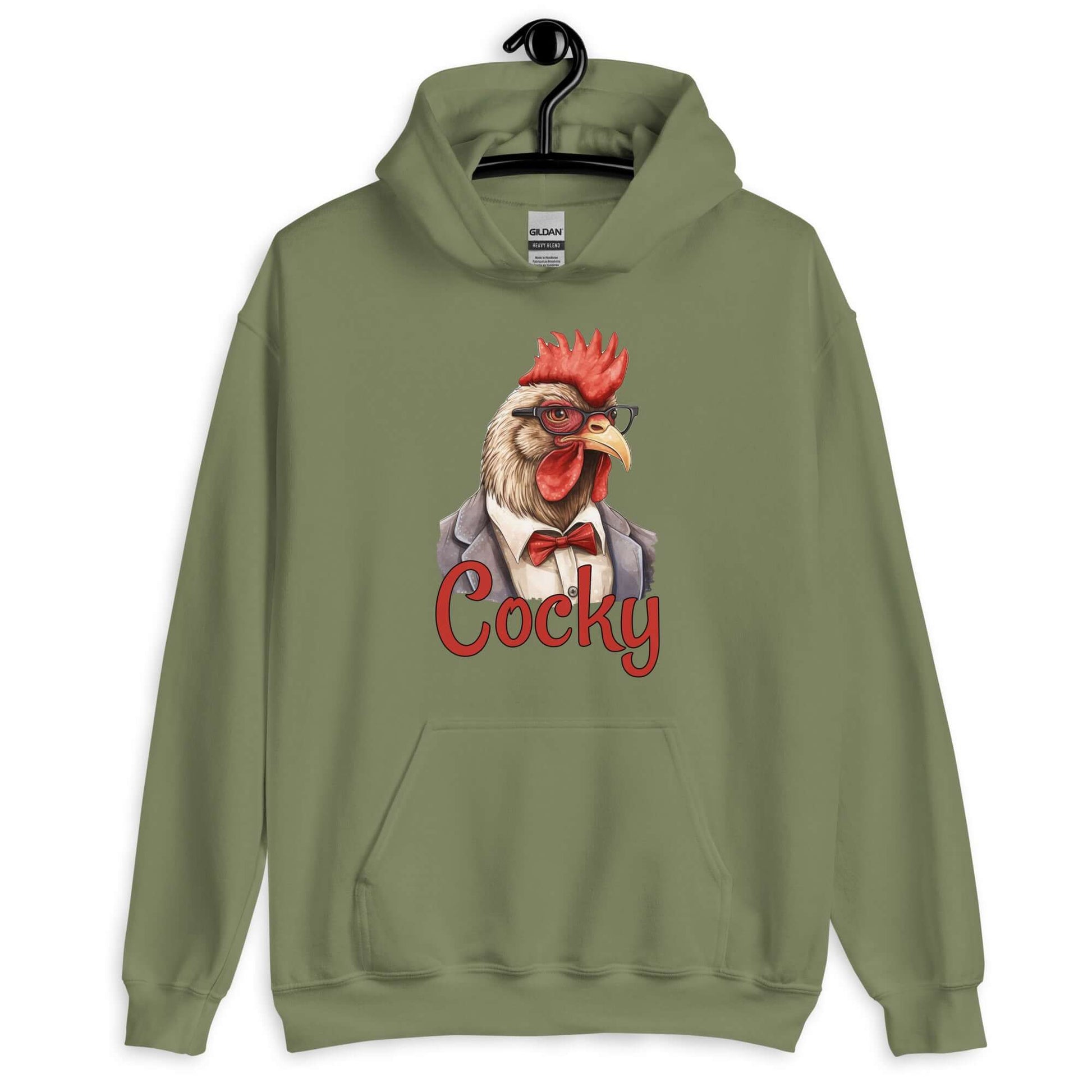 Military green hoodie sweatshirt with image of a rooster and the word Cocky printed on the front.