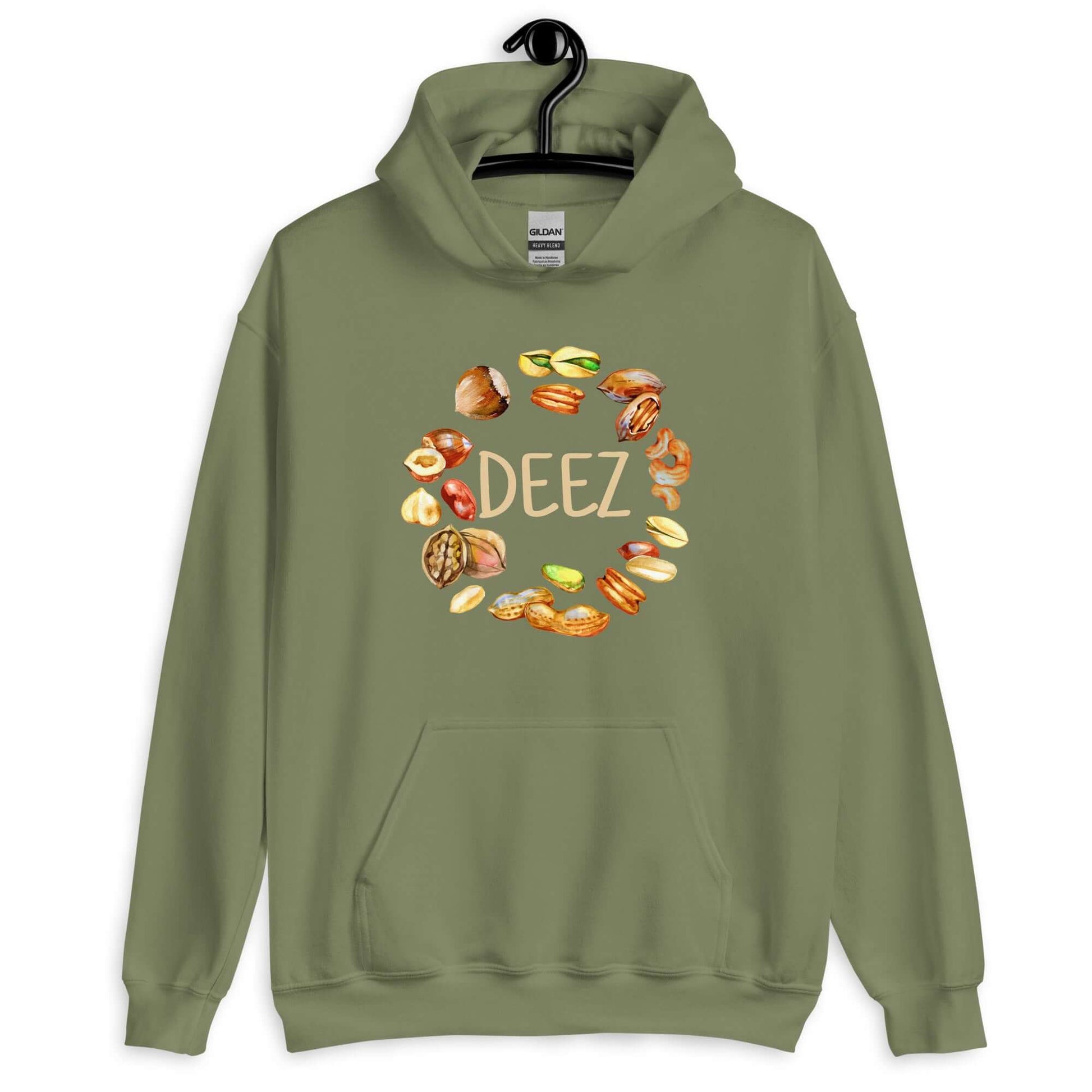 Military green hoodie sweatshirt with an image of various nuts and the word Deez printed on the front.,