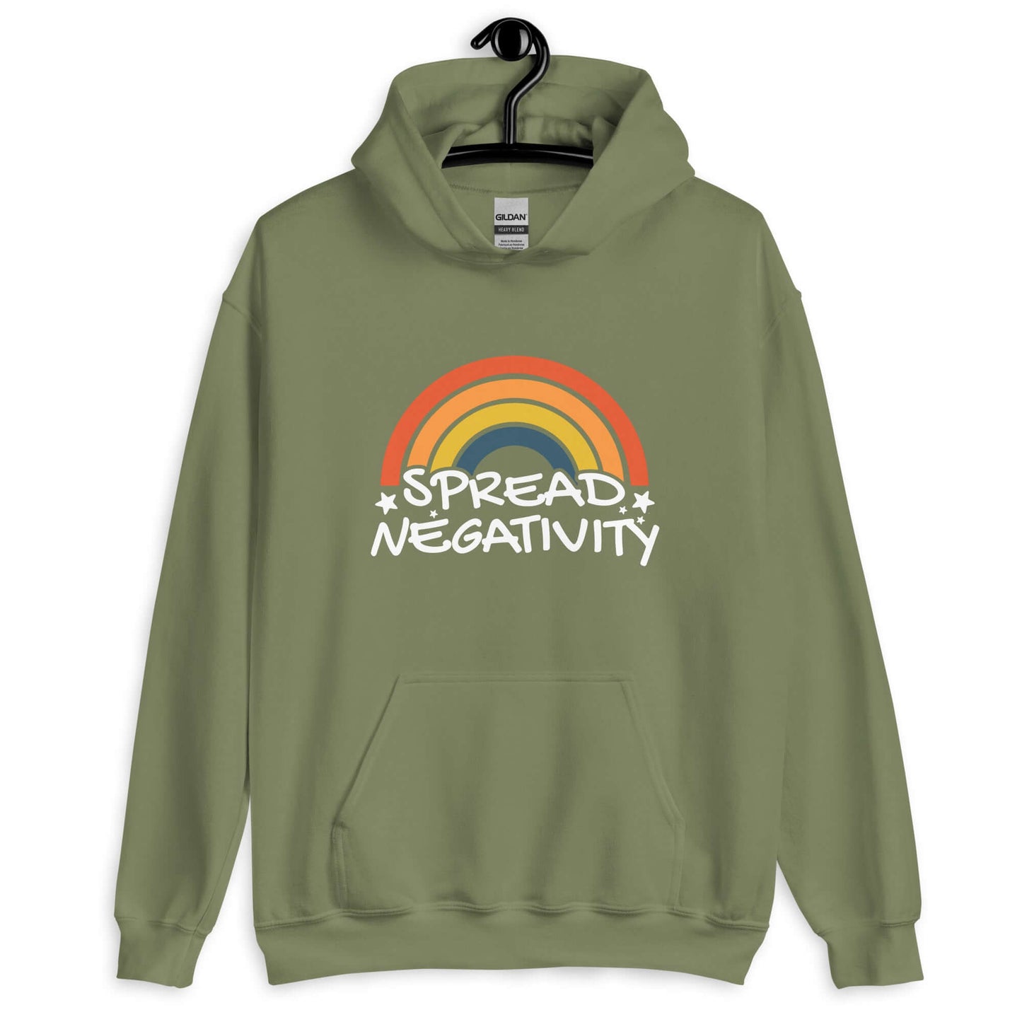 Military green hoodie sweatshirt with a graphic of a rainbow and the words Spread negativity printed on the front.