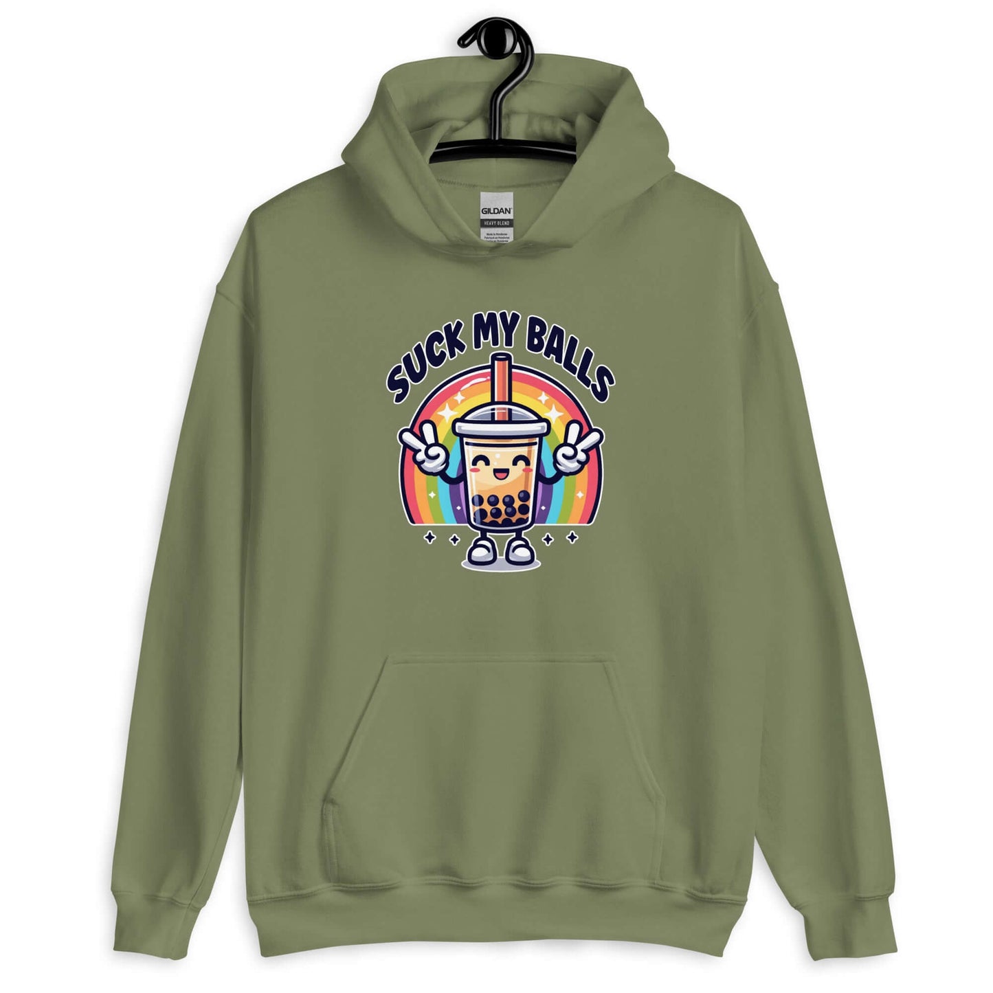 Military green hoodie with graphics of a rainbow and a smiling boba bubble tea. The bubble tea has arms and legs. The phrase Suck my balls is printed above the rainbow. The graphics are on the front of the hoodie.