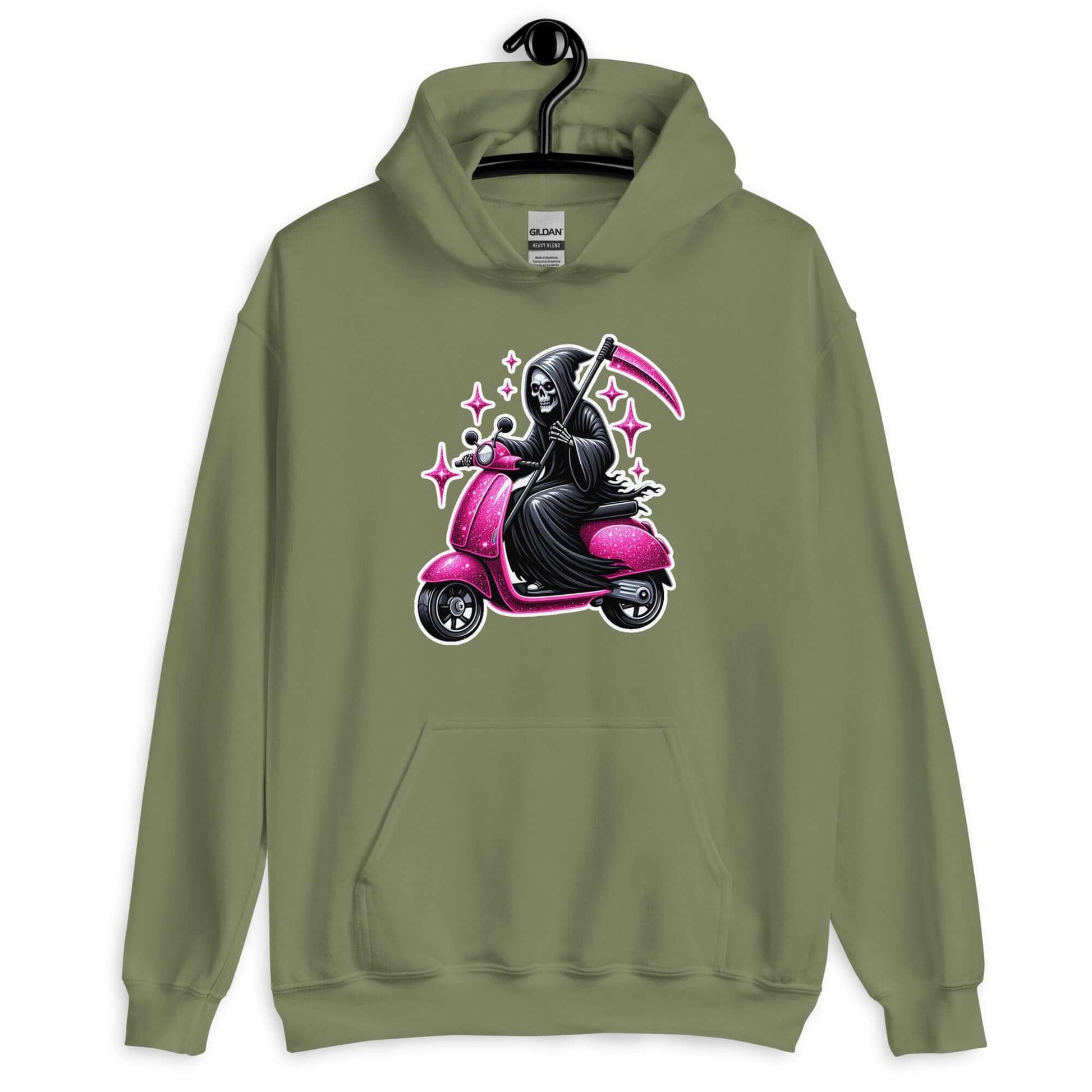 Military green hoodie sweatshirt with funny image of the Grim Reaper riding on a glam pink scooter printed on the front.