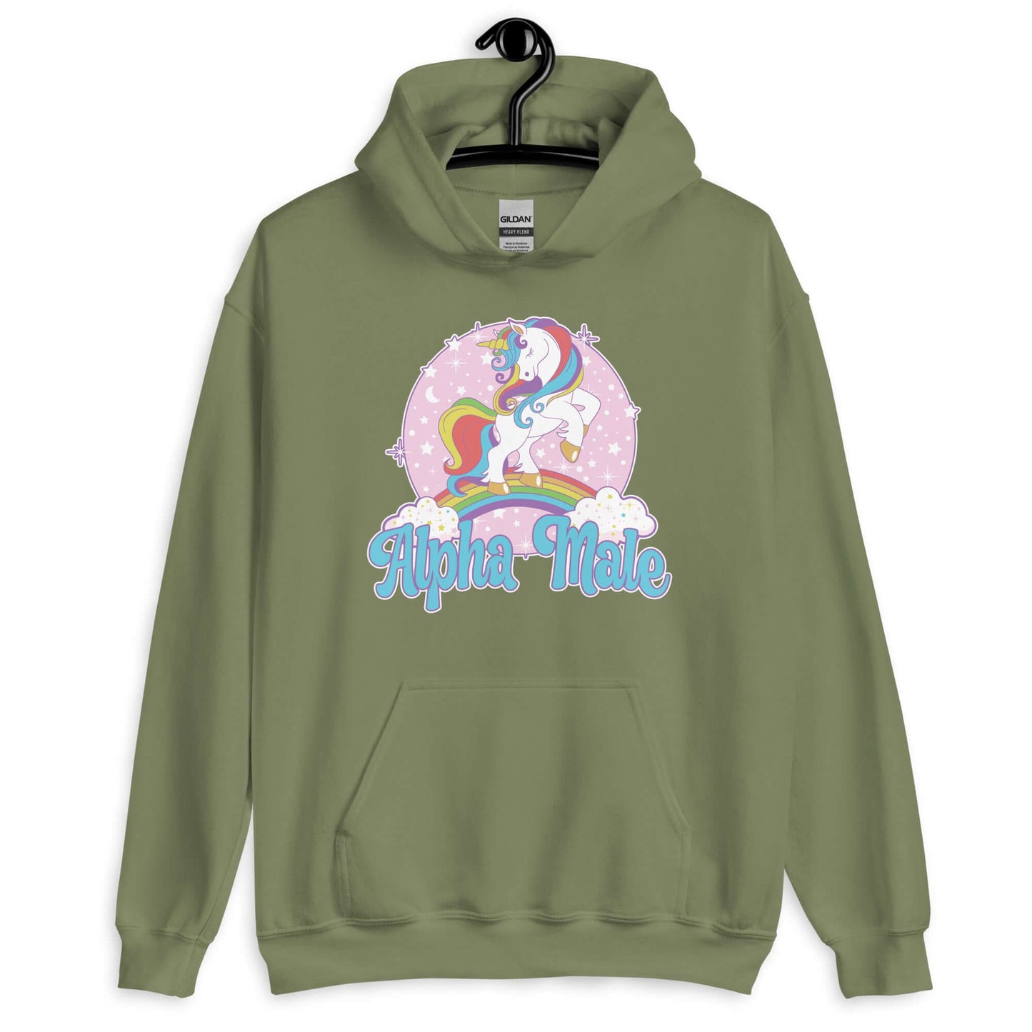 Military green hoodie sweatshirt with funny pastel rainbow unicorn graphics and the words Alpha Male printed on the front.