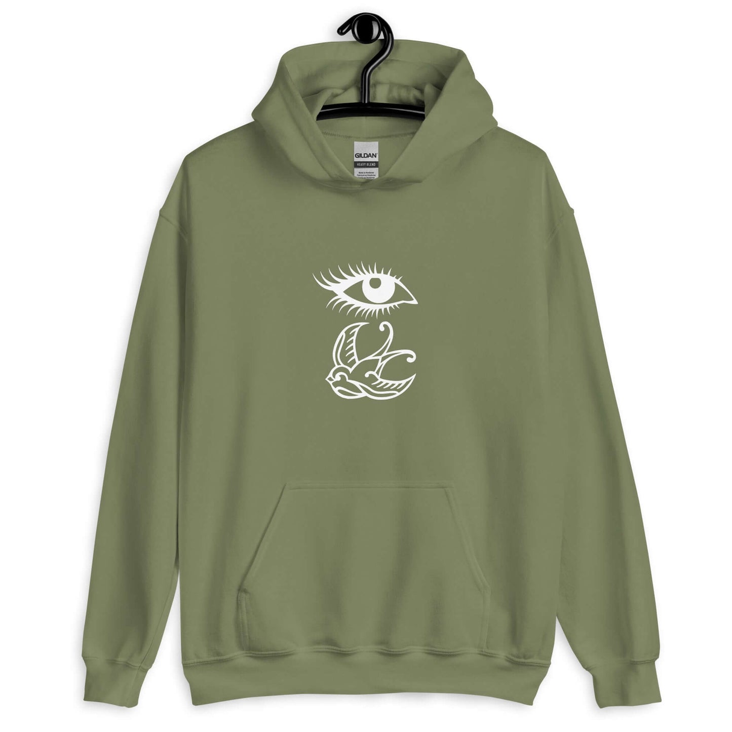 Military green hoodie sweatshirt with outline drawing of an eye and a swallow bird printed on the front.