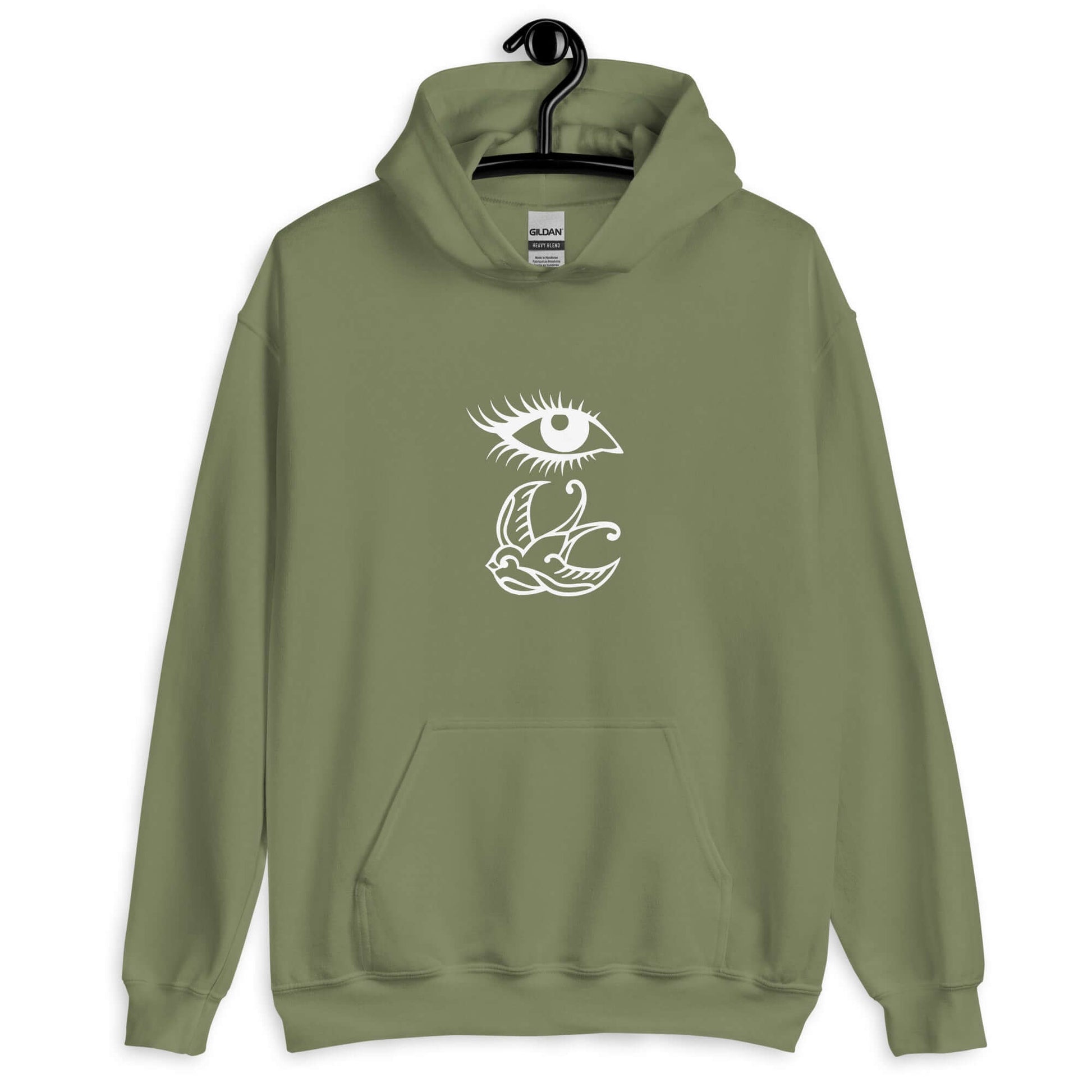 Military green hoodie sweatshirt with outline drawing of an eye and a swallow bird printed on the front.