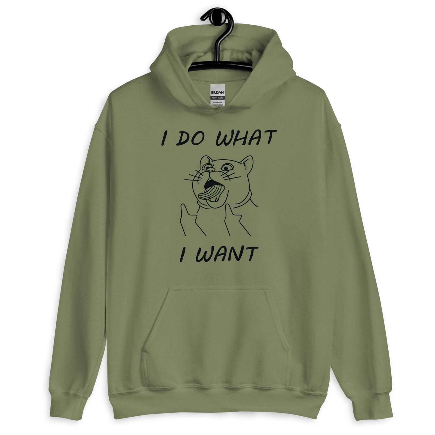 Military green hoodie sweatshirt with cat flipping middle fingers and the words I do what I want printed on the front.