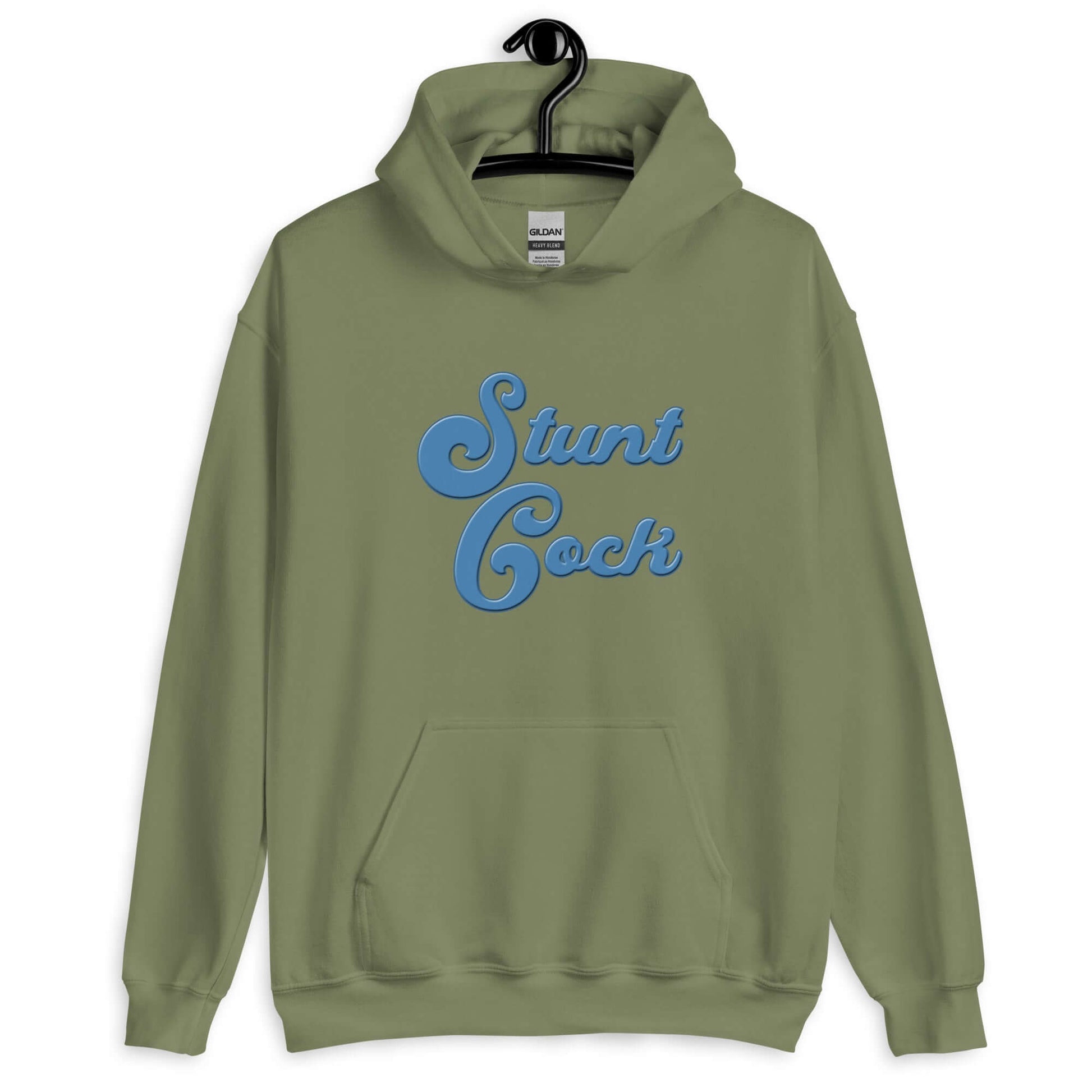 Military green hoodie sweatshirt with the words Stunt Cock printed on the front in blue.