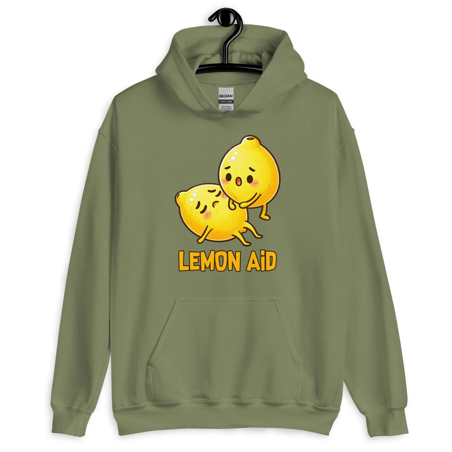 Military green hoodie sweatshirt with image of 2 cartoon lemons. One lemon is giving the other lemon CPR. The words Lemon Aid is under the lemons. The graphic is printed on the front.