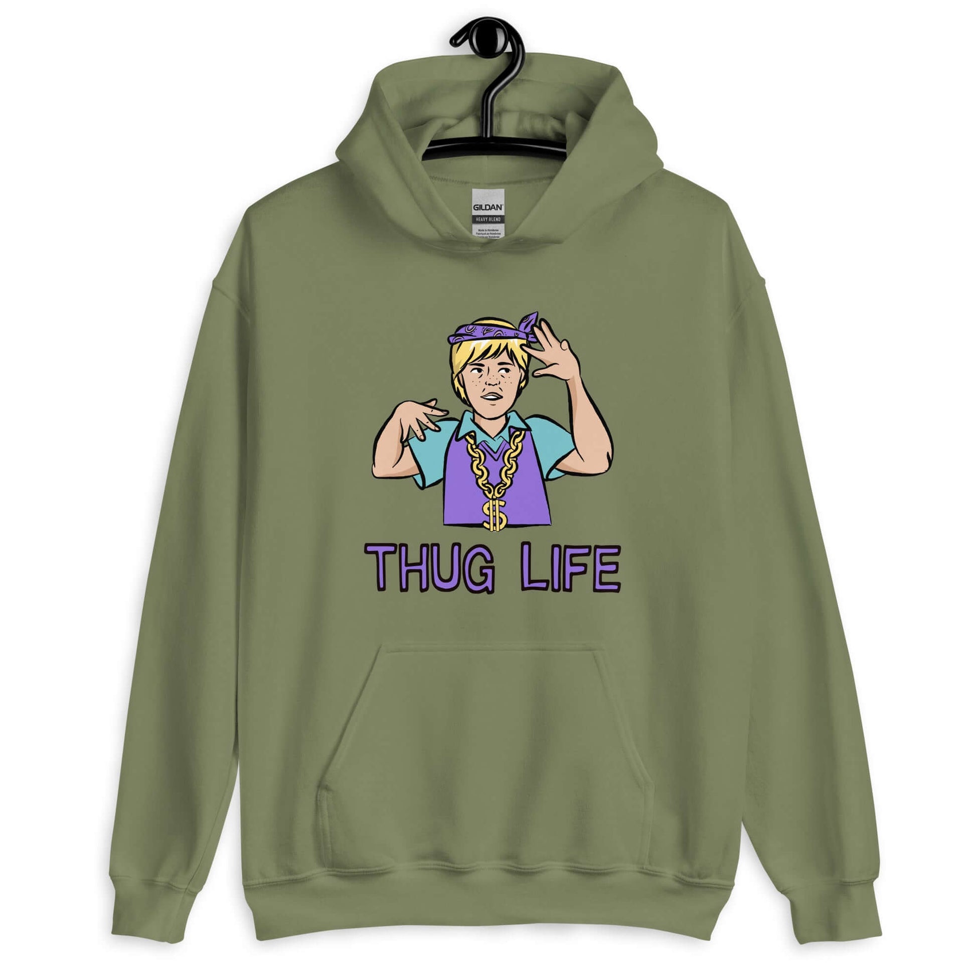 Military green hoodie sweatshirt with a parody image of a blond haired child trying to be a gangster with the words Thug Life printed on the front.