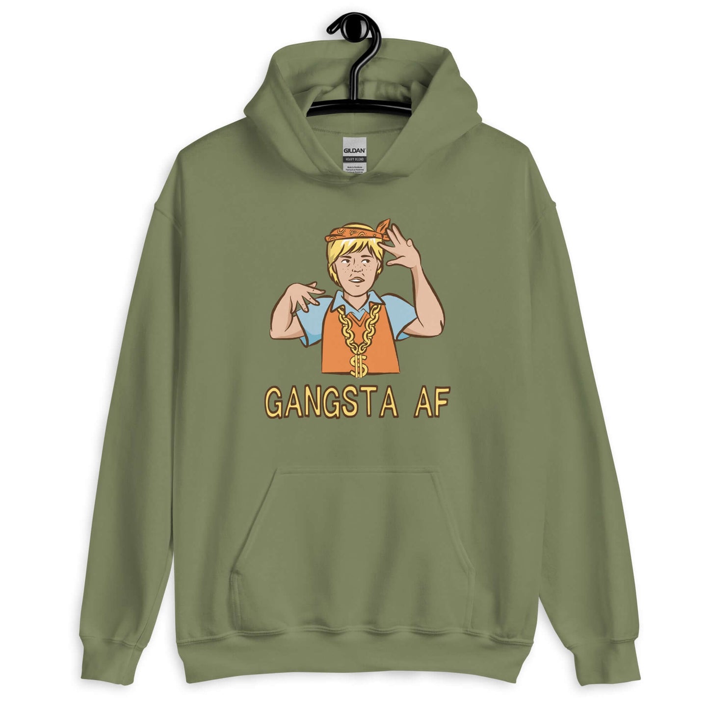 Military green hoodie sweatshirt with a parody image of a blond haired child trying to be a gangster with the words Gangsta AF printed on the front.