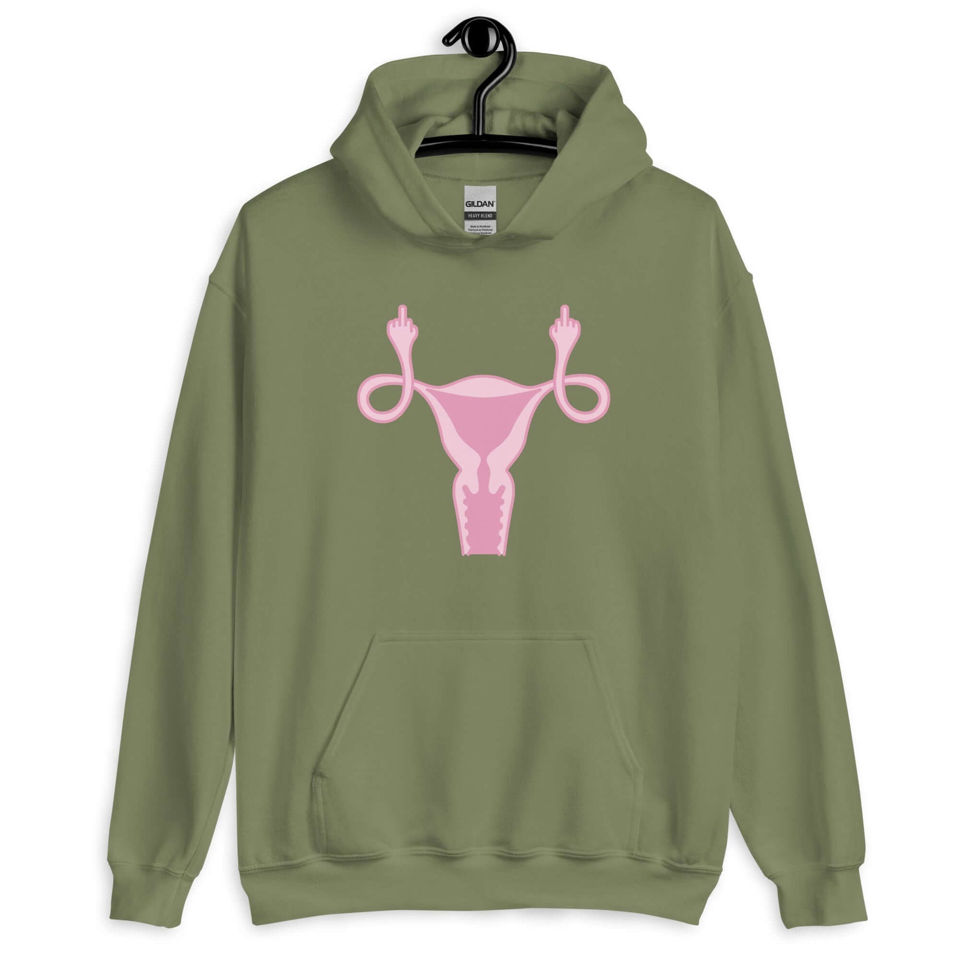 Military green hoodie sweatshirt with image of a pink uterus flipping middle finger graphic printed on the front.