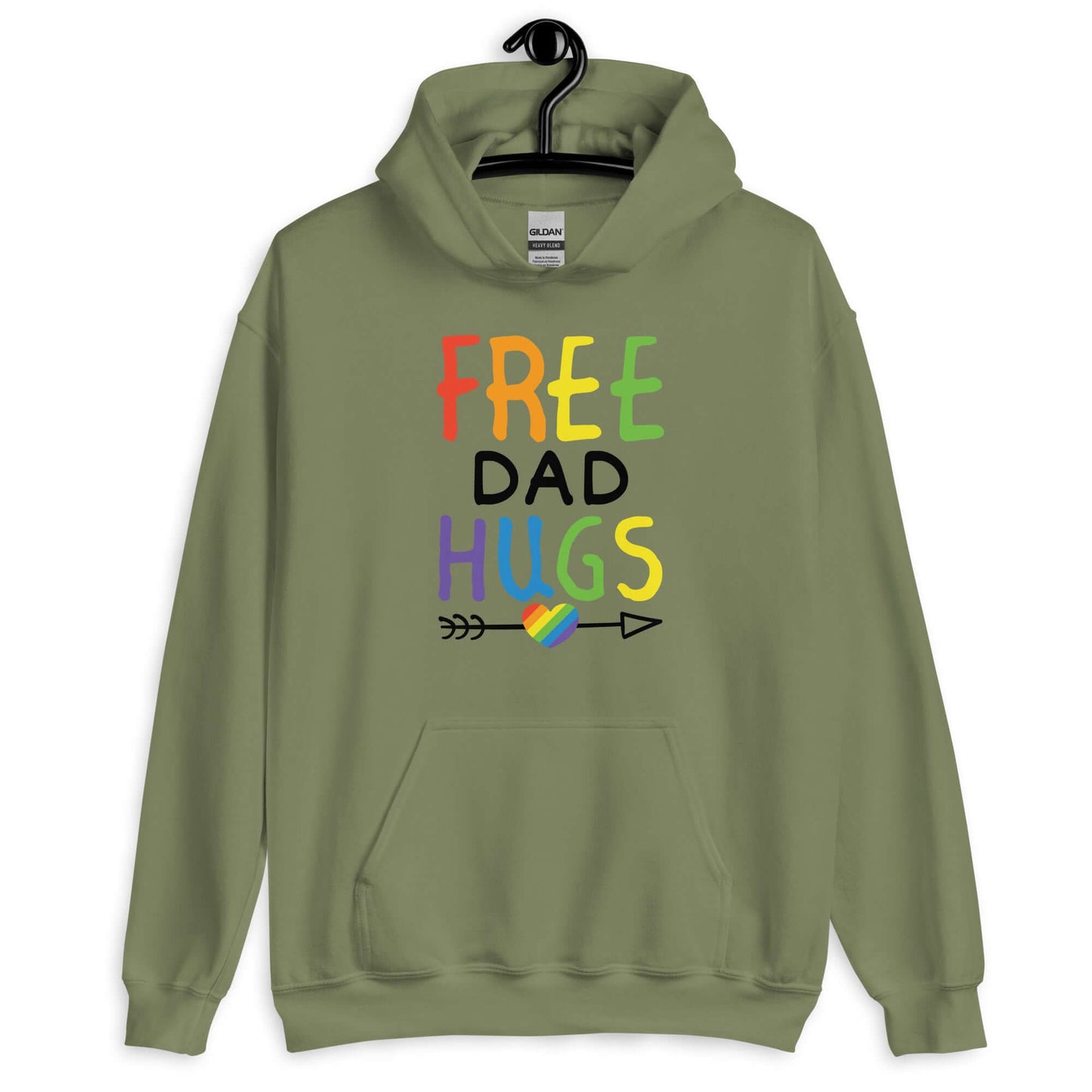 Military green hoodie sweatshirt with the words Free Dad hugs printed on the front in rainbow letters.