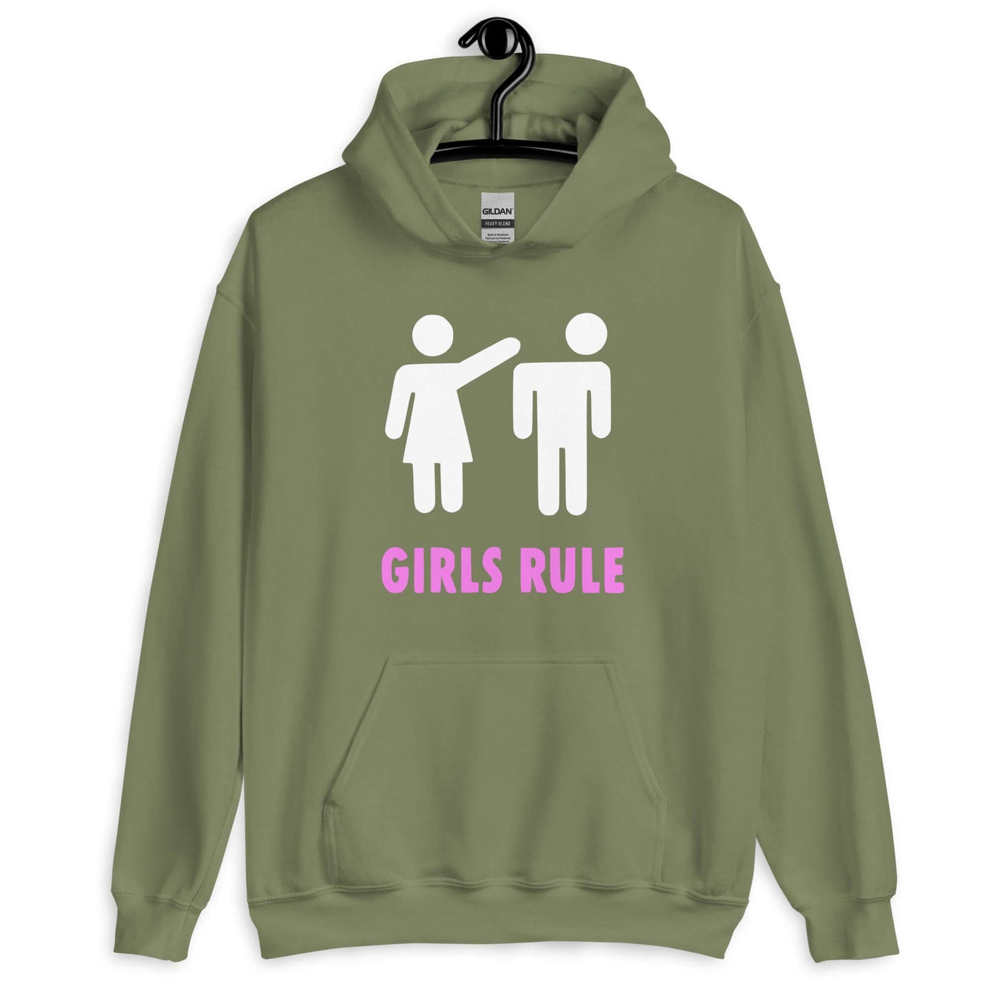 Military green hoodie sweatshirt. The sweatshirt has an image of a stick figure man and woman. The woman is punching the mans head off and the words Girls rule is printed beneath in hot pink. The graphics are printed on the front of the hoodie.