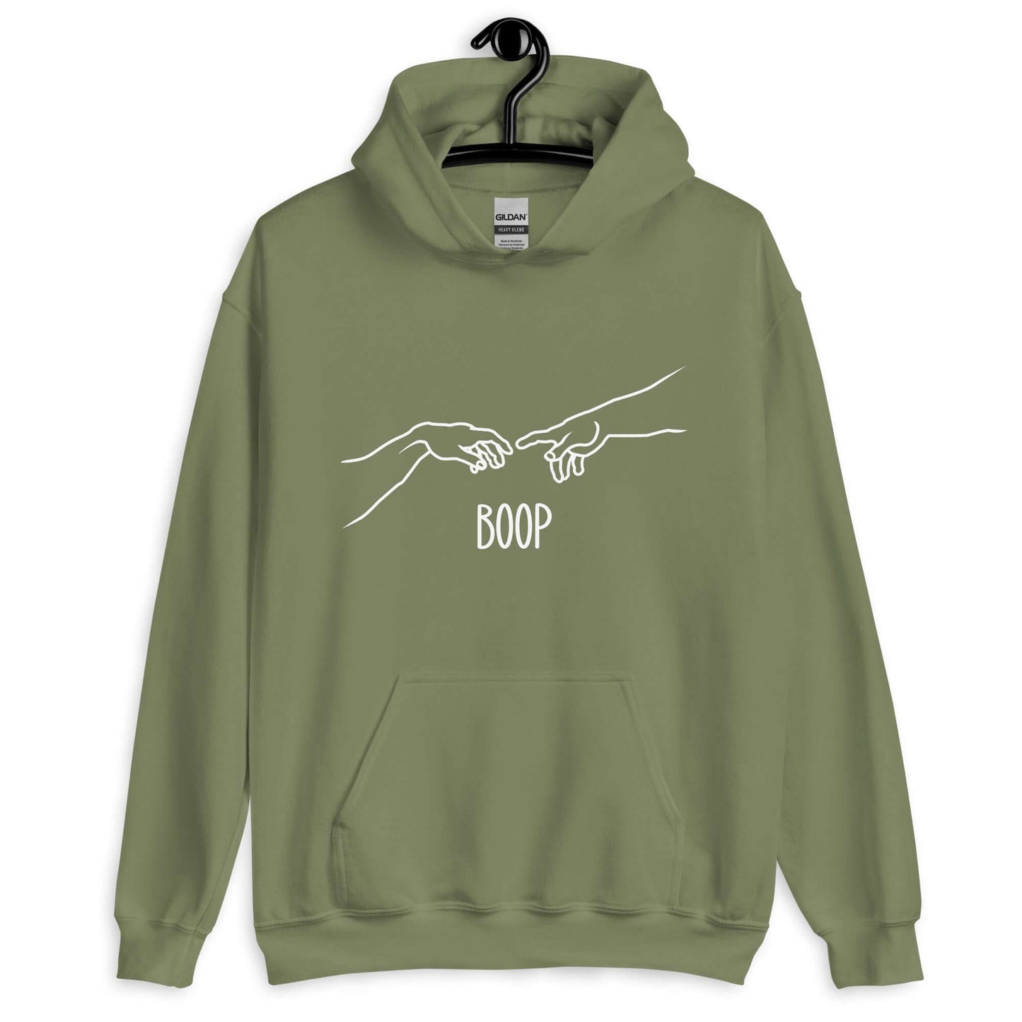 Military green hoodie sweatshirt with line drawing hands reaching out and touching in the center like they in the famous art creation of Adam. The word Boop is printed underneath.