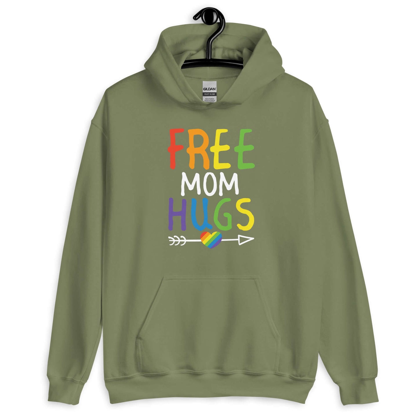 Military green hoodie sweatshirt with the phrase Free Mom hugs in rainbow lettering printed on the front.