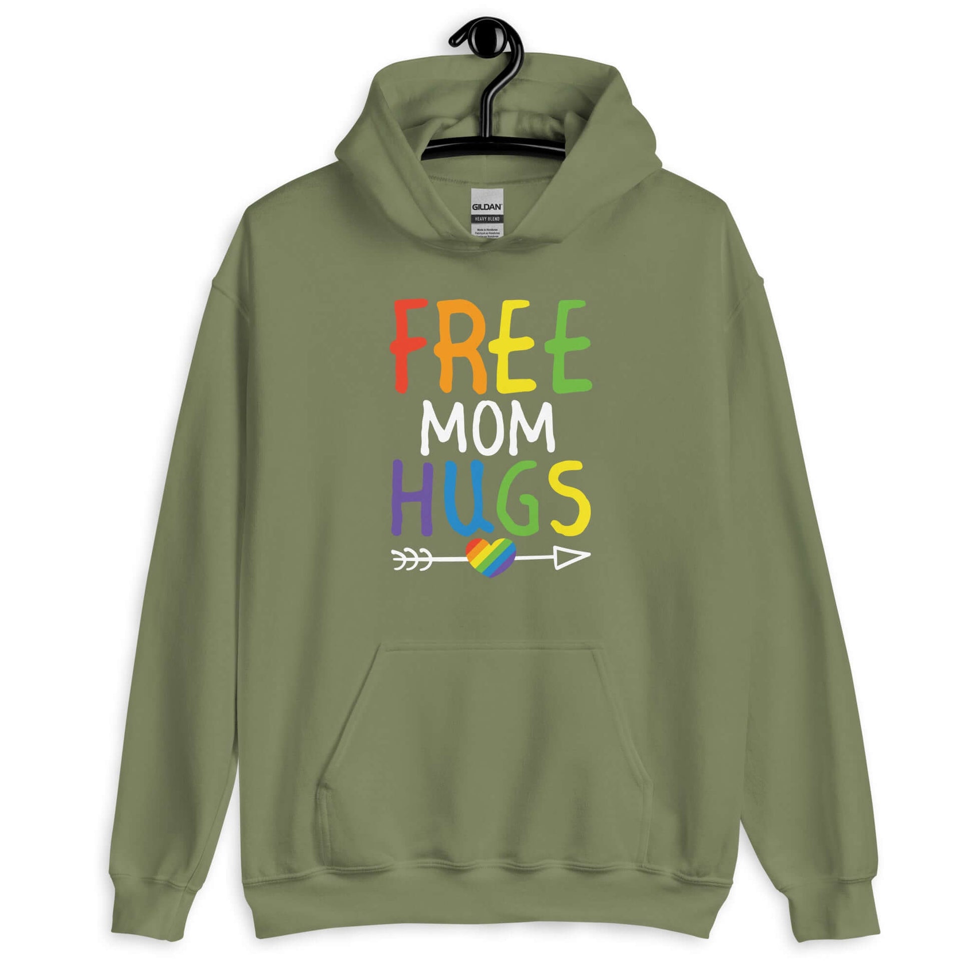 Military green hoodie sweatshirt with the phrase Free Mom hugs in rainbow lettering printed on the front.