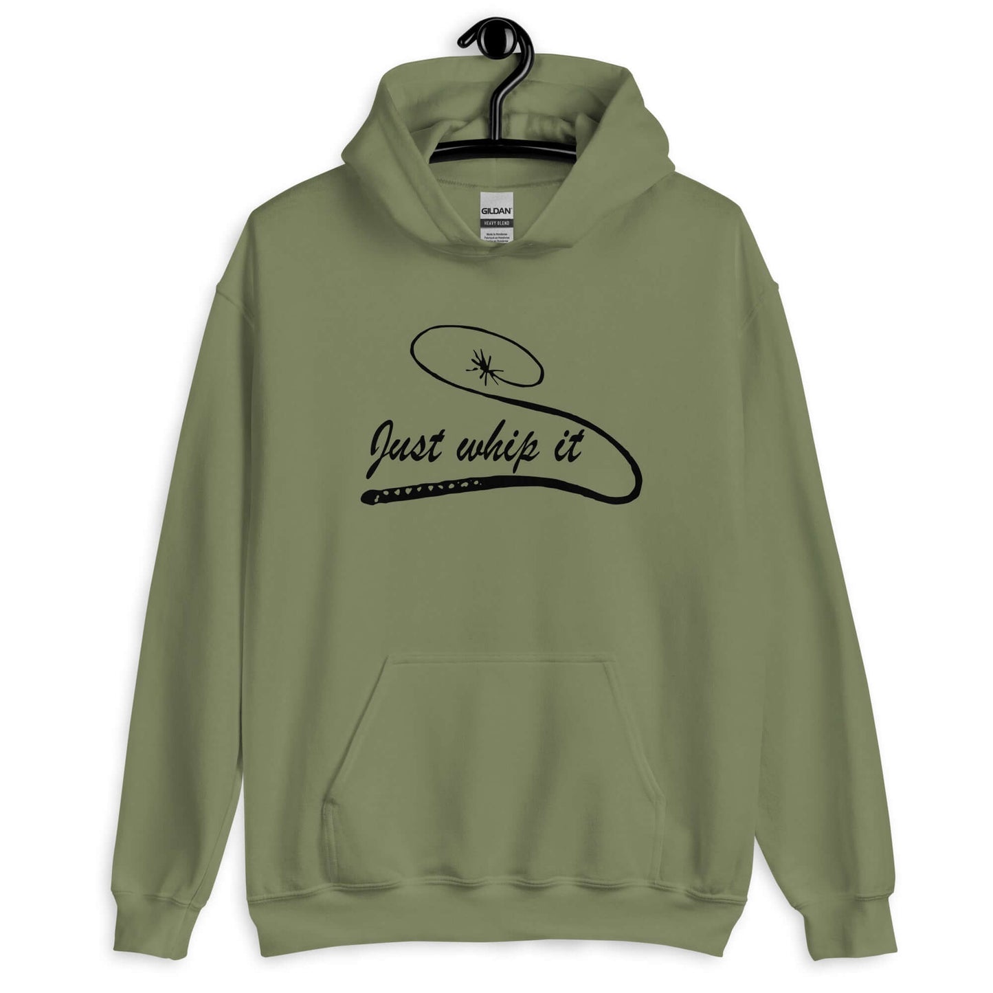 Military green hoodie sweatshirt with line drawing image of a leather bullwhip and the words Just whip it printed on the front.