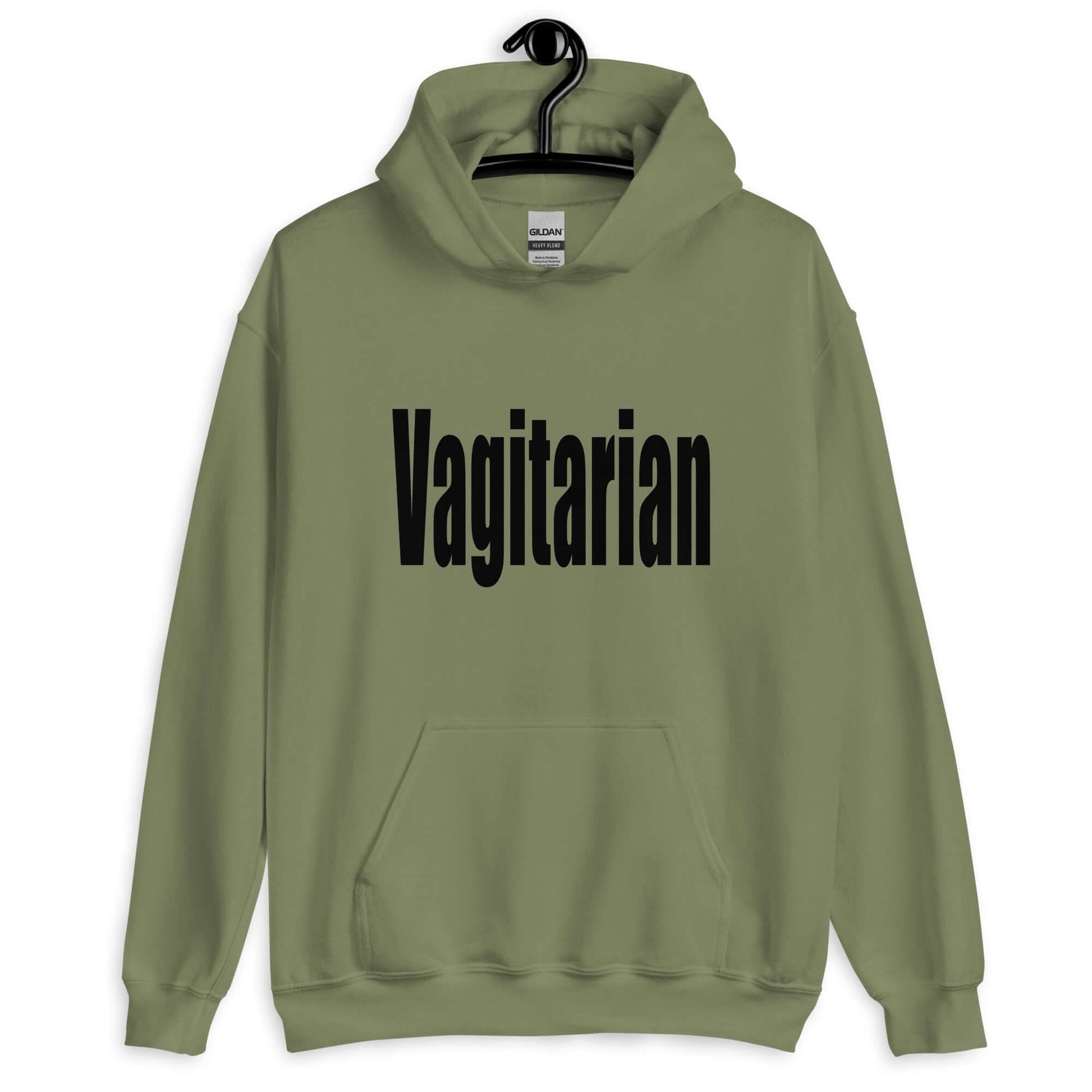 Military green hoodie sweatshirt with the word Vagitarian printed on the front.