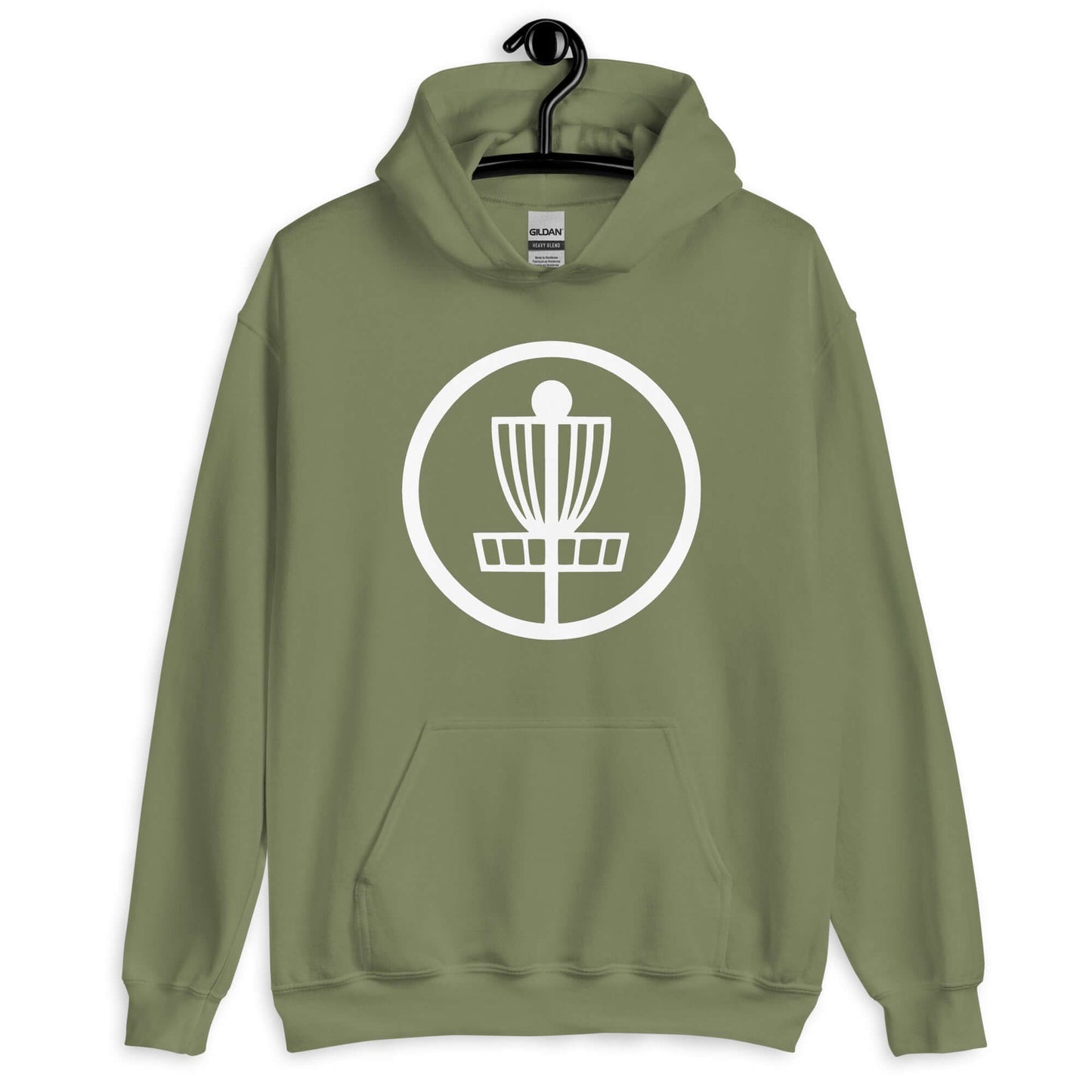 Military green hoodie sweatshirt with image of disc golf basket silhouette with a circle around it printed on the front.