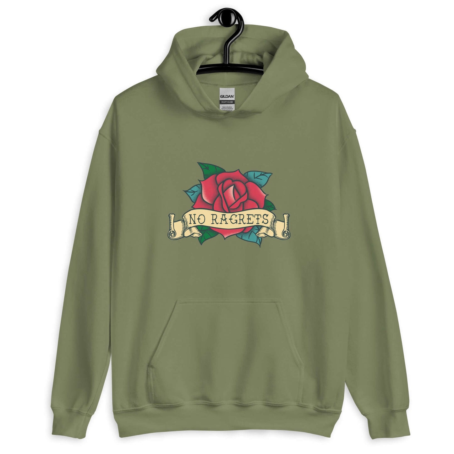 Military green hoodie sweatshirt with funny image of an old school rose flash tattoo with the words no ragrets intentionally misspelled.