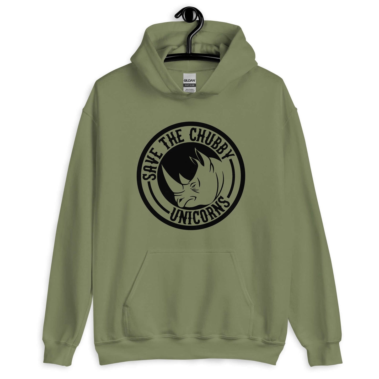 Military green hoodie sweatshirt with a funny graphic of a rhinoceros & the words Save the chubby unicorns printed on the front.