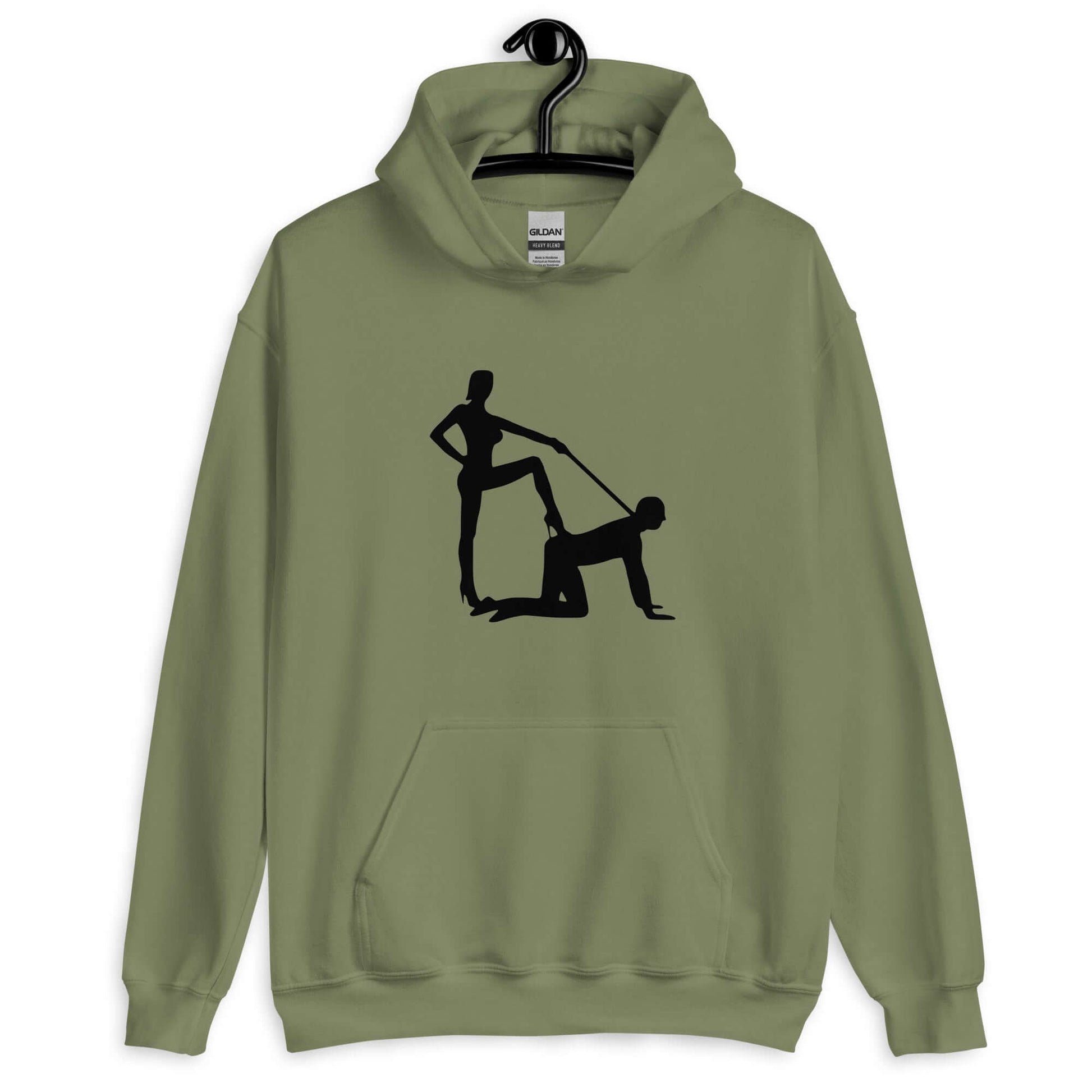 Military green hoodie sweatshirt with silhouette image of a man on his hands and knees and a dominatrix holding his leash printed on the front.