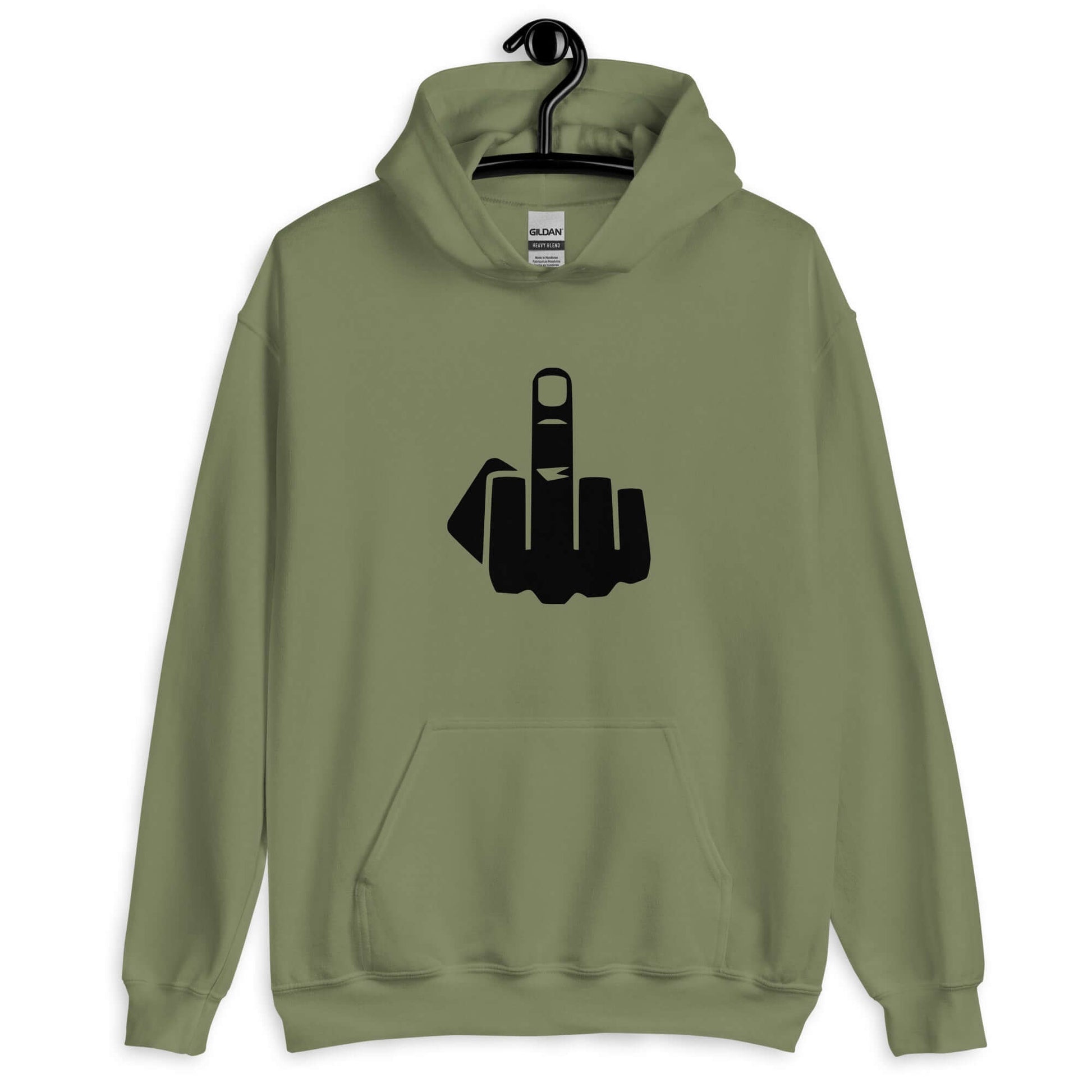 Military green hoodie sweatshirt with an image of middle finger silhouette printed on the front.