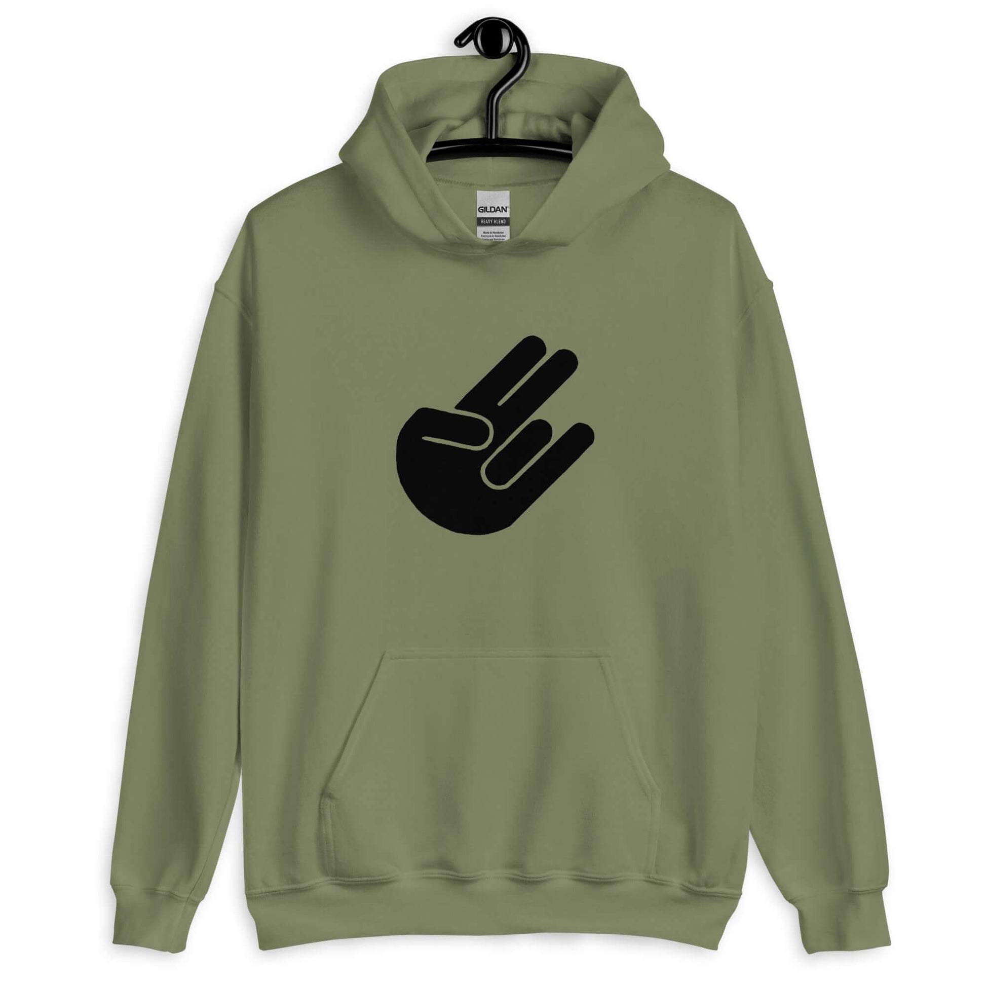 Military green hoodie sweatshirt with the universal hand symbol for The Shocker printed on the front.