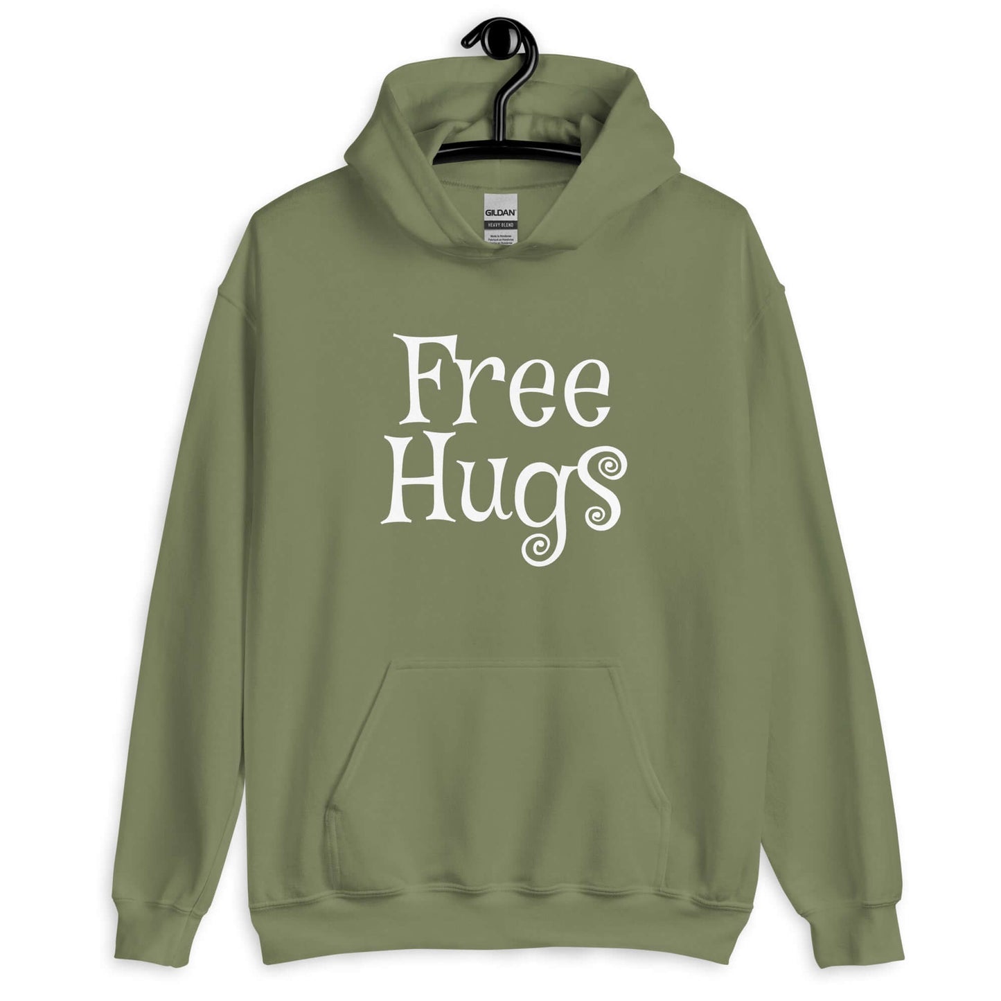 Military green hoodie sweatshirt with the words Free Hugs printed on the front.