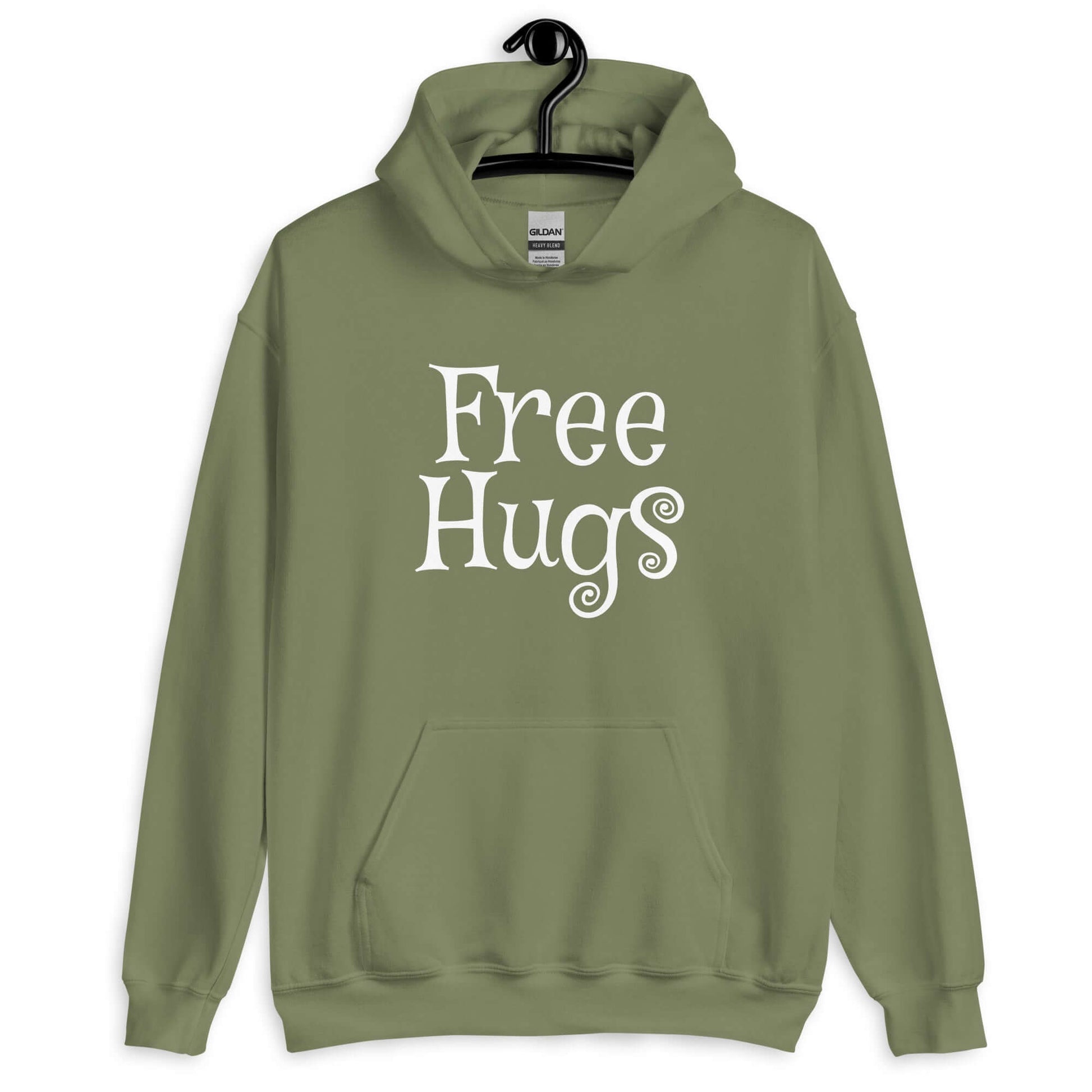 Military green hoodie sweatshirt with the words Free Hugs printed on the front.