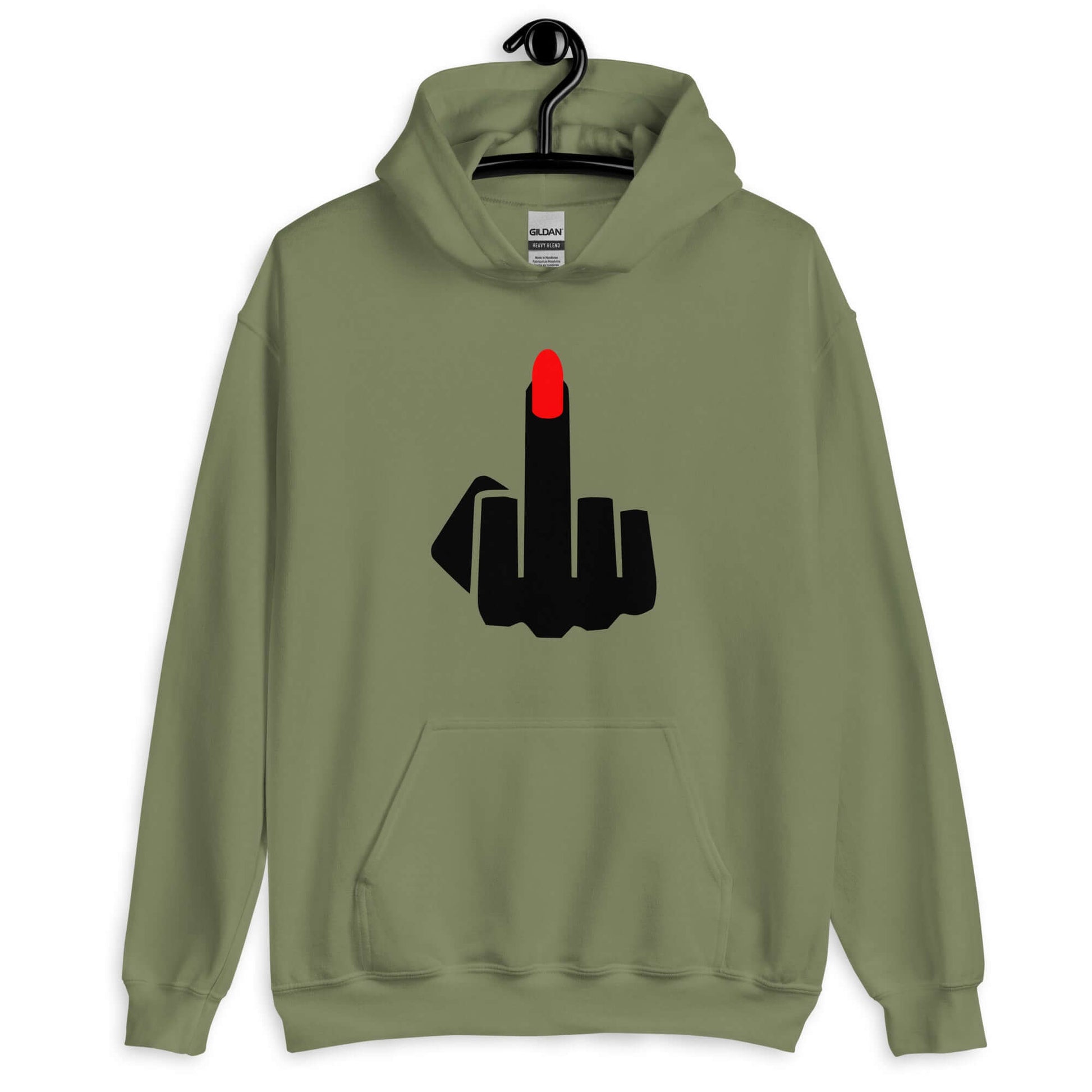 Military green hoodie sweatshirt with an image of a middle finger with long red fingernail silhouette printed on the front.