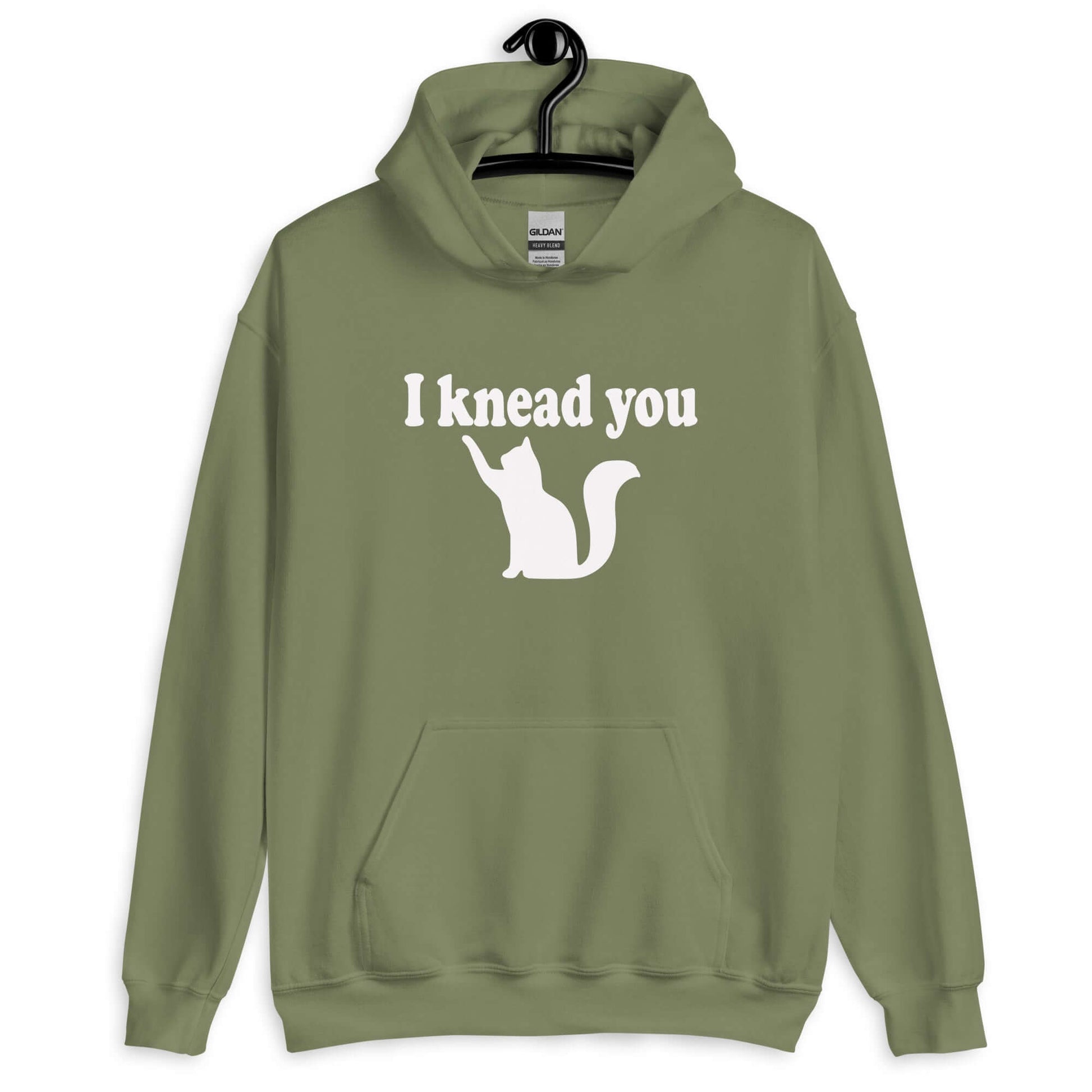 Military green hoodie sweatshirt that has an image of a silhouette of a cat and the words I knead you printed on the front.