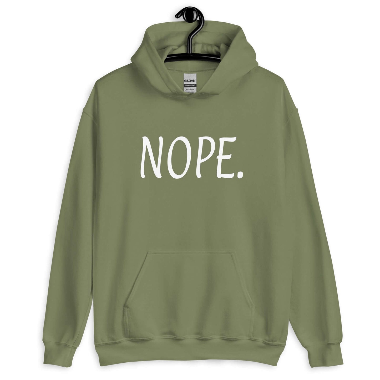 Military green hoodie sweatshirt with the word Nope printed on the front.