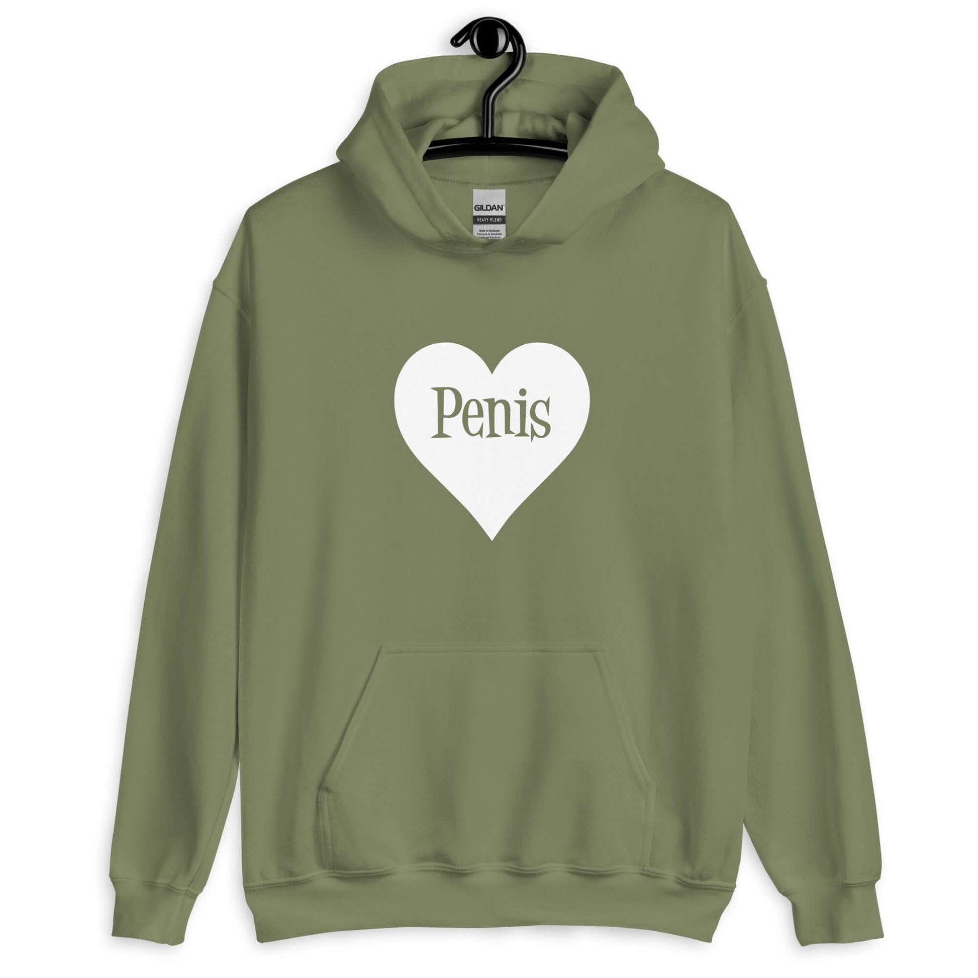 Military green hoodie sweatshirt with a heart image printed on the front. The word penis is inside the heart