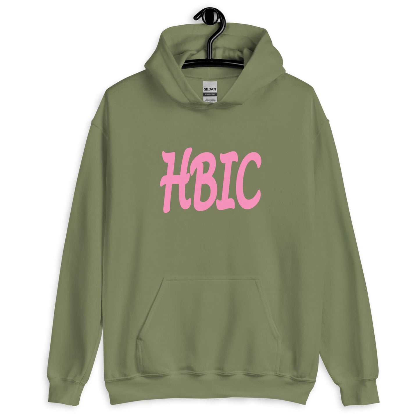 Military green hoodie sweatshirt with the acronym HBIC printed on the front in pink text.