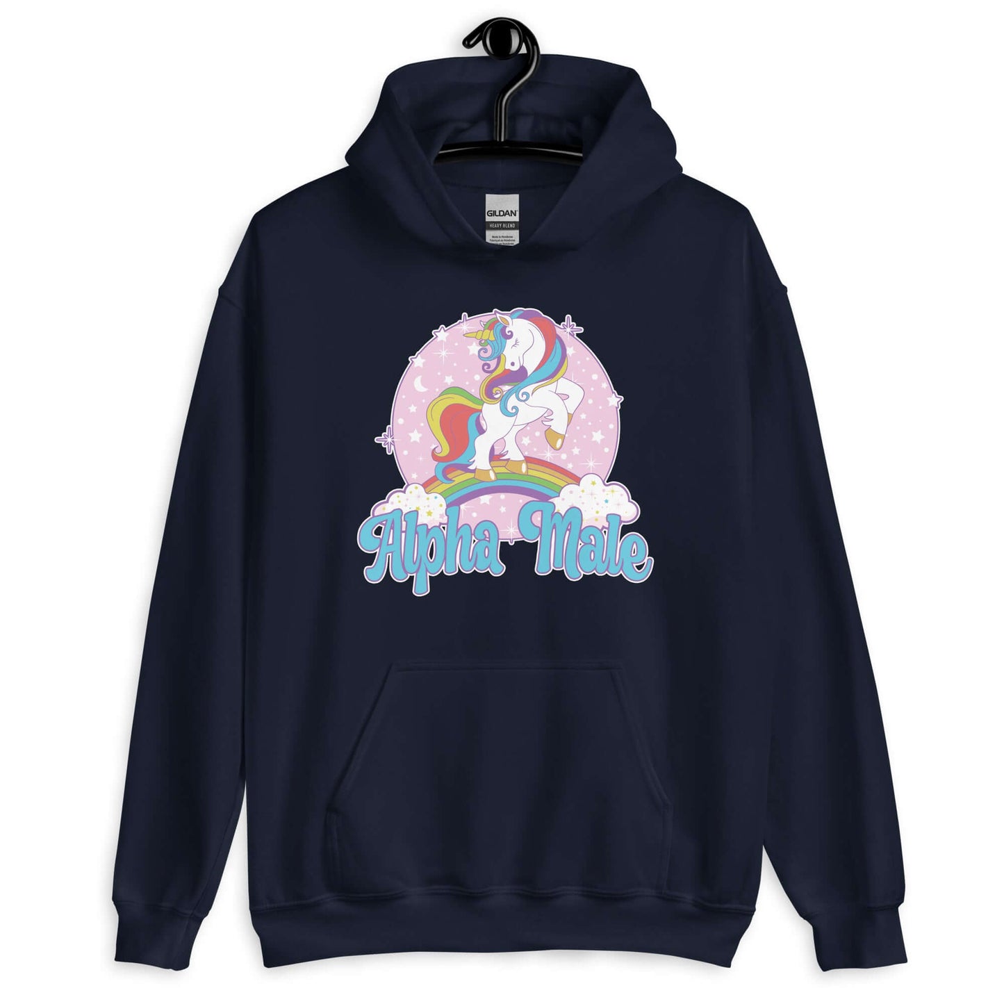 Navy blue hoodie sweatshirt with funny pastel rainbow unicorn graphics and the words Alpha Male printed on the front.