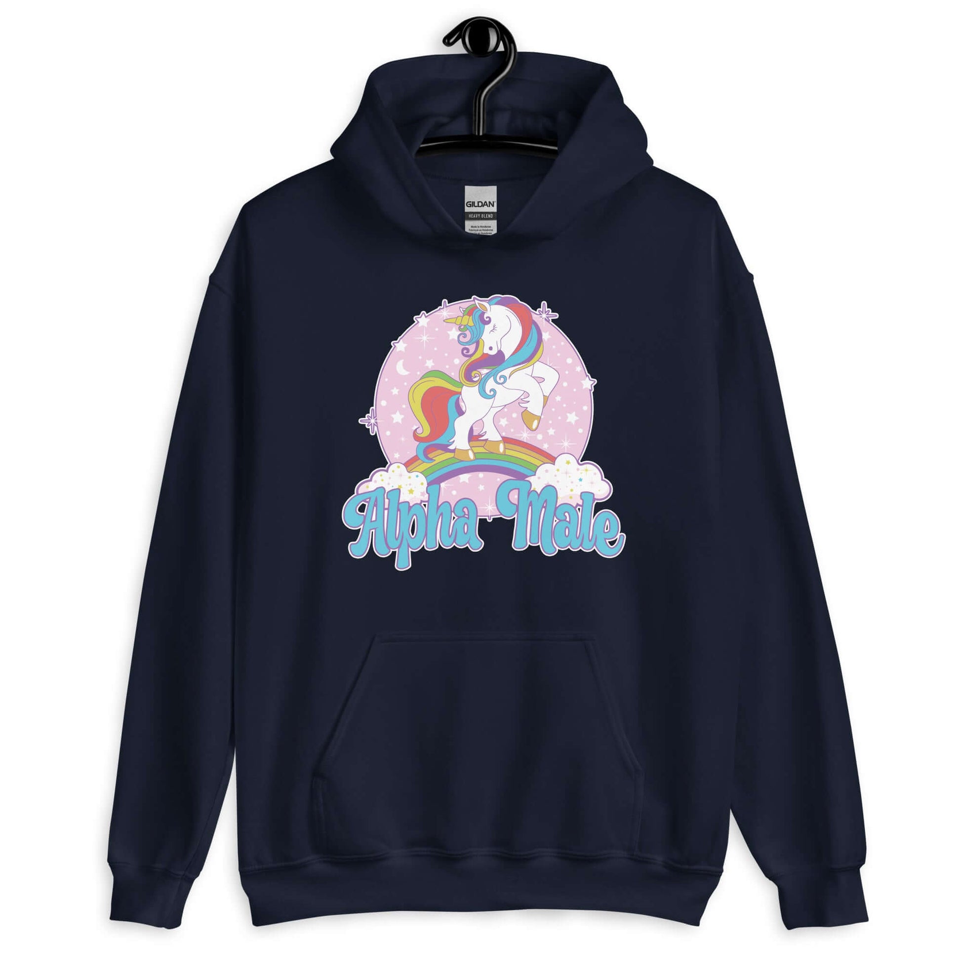 Navy blue hoodie sweatshirt with funny pastel rainbow unicorn graphics and the words Alpha Male printed on the front.